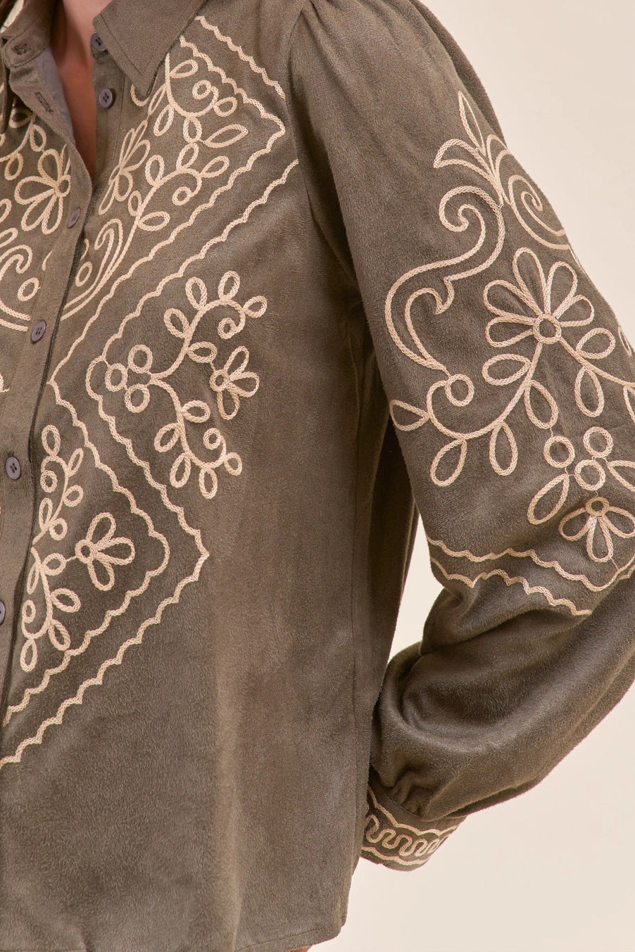 Suede Embroidered Button Up Top In Olive