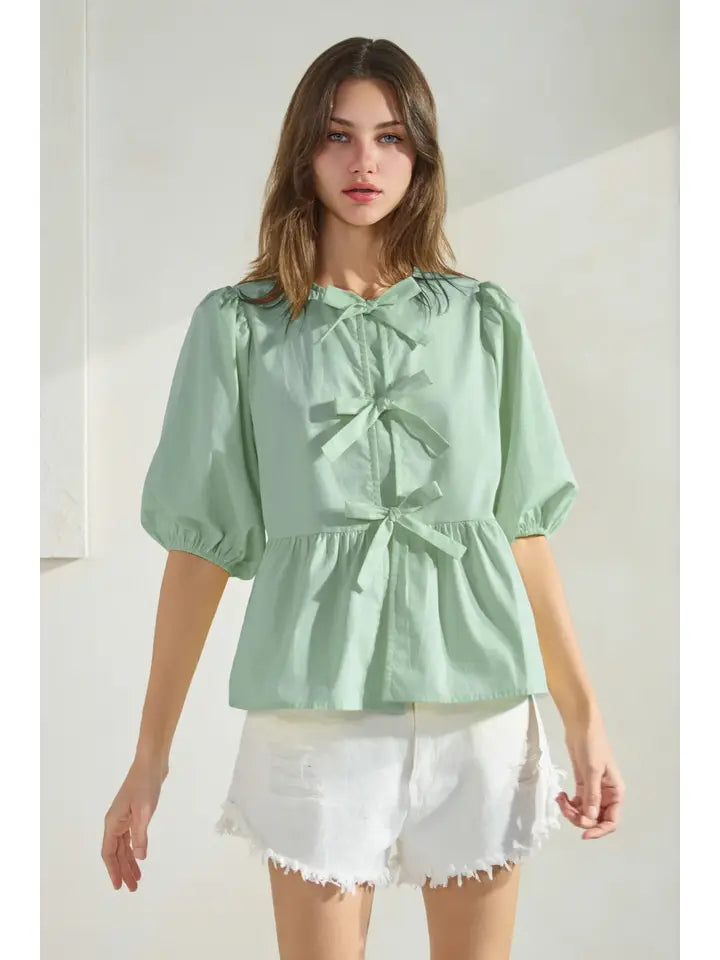 Tie Front Peplum Top in Sage