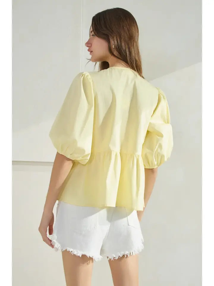 Front Tie Poplin Top in Pale Yellow