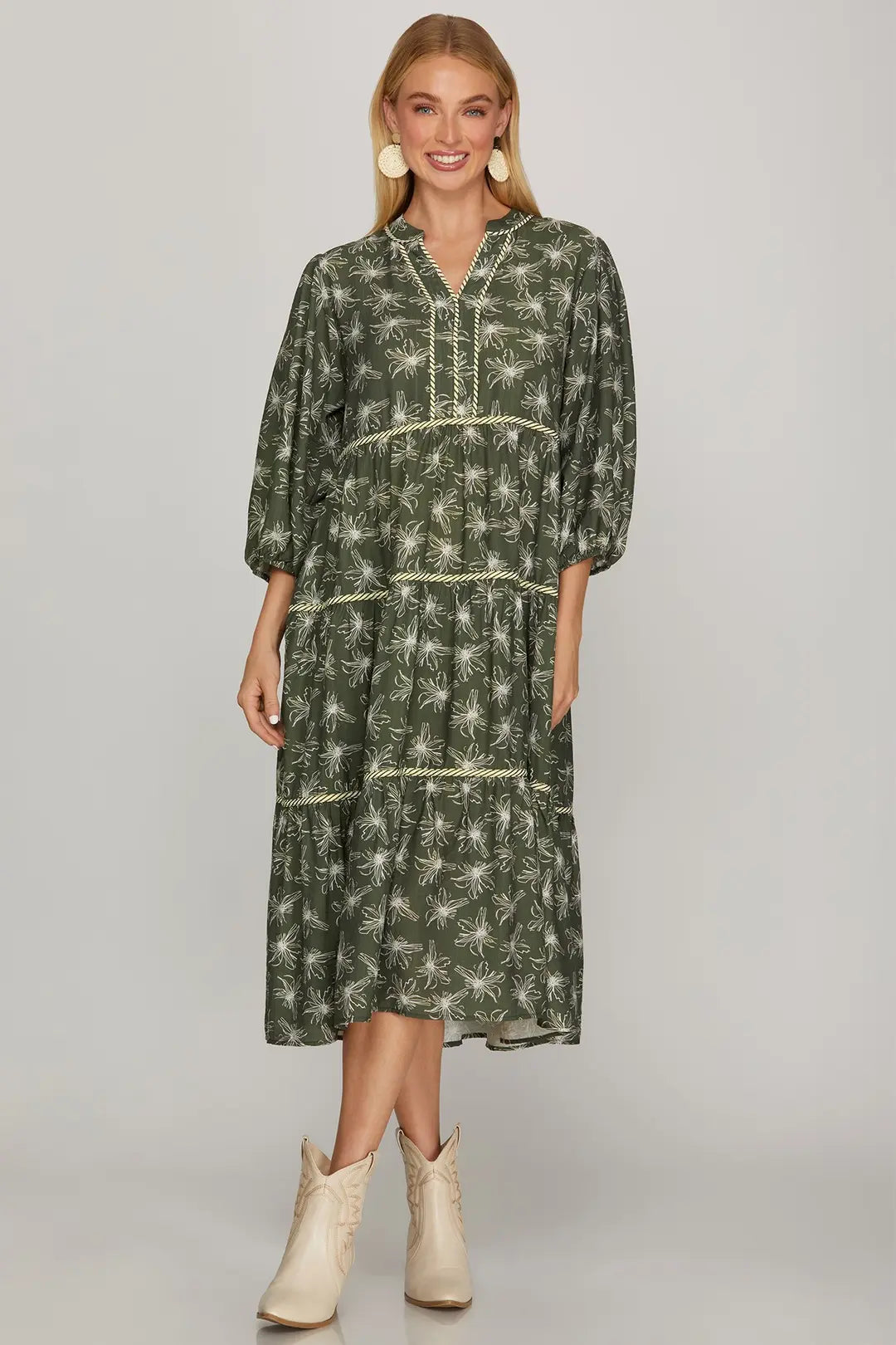 Floral Tiered Midi Dress in Olive