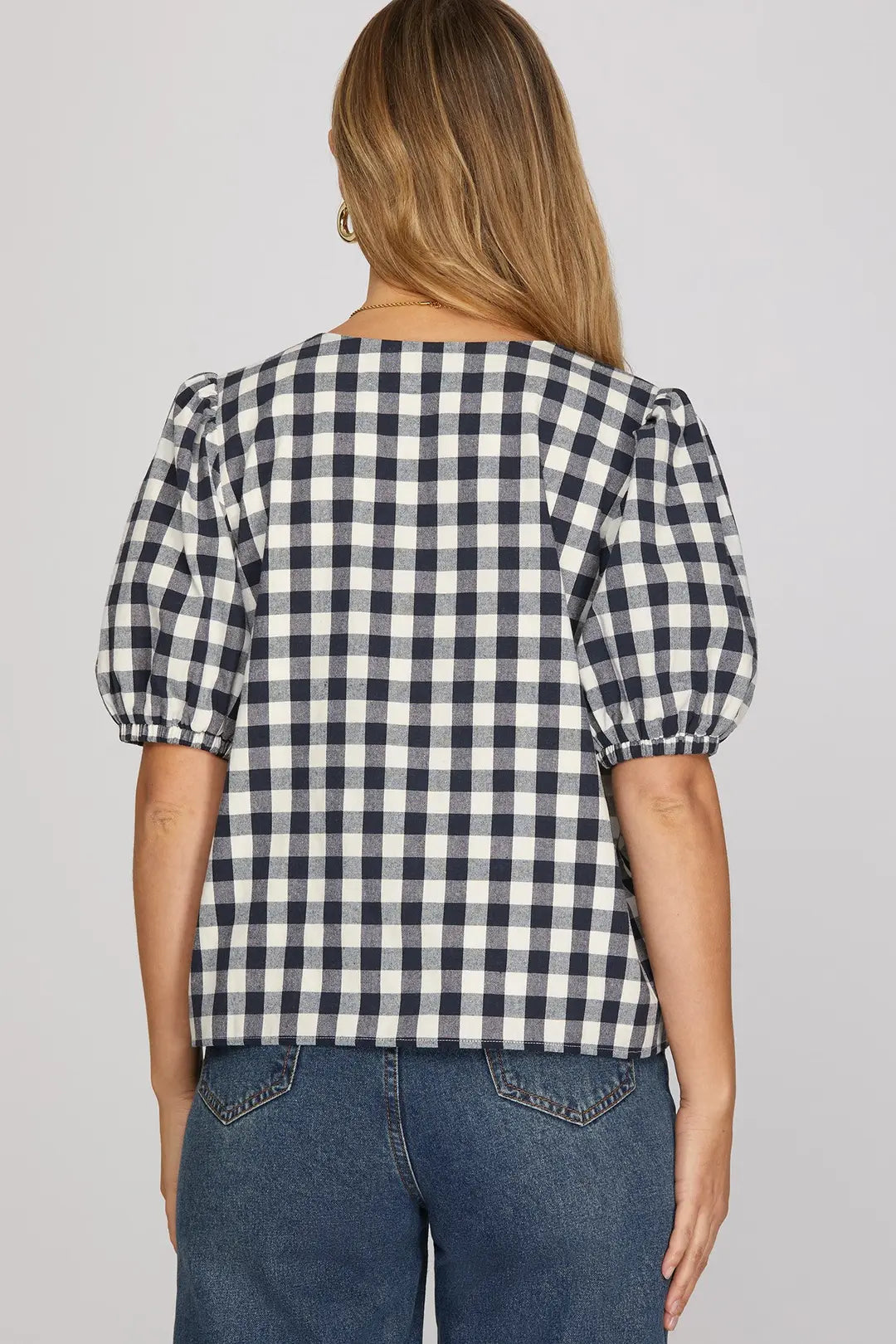 Puff Sleeve Gingham Checkered Top in Navy