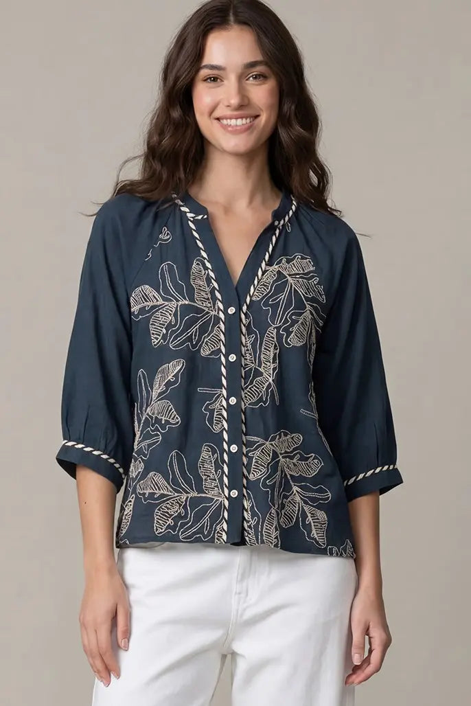 Half Sleeve Embroidered Top in Navy