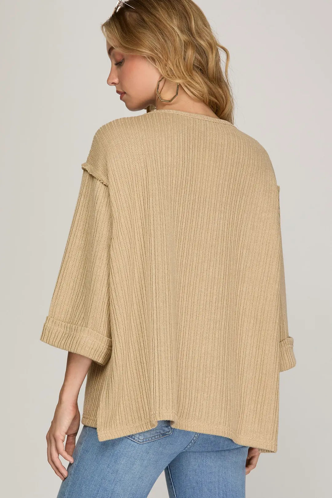 3/4 Sleeve Knitted Top in Taupe