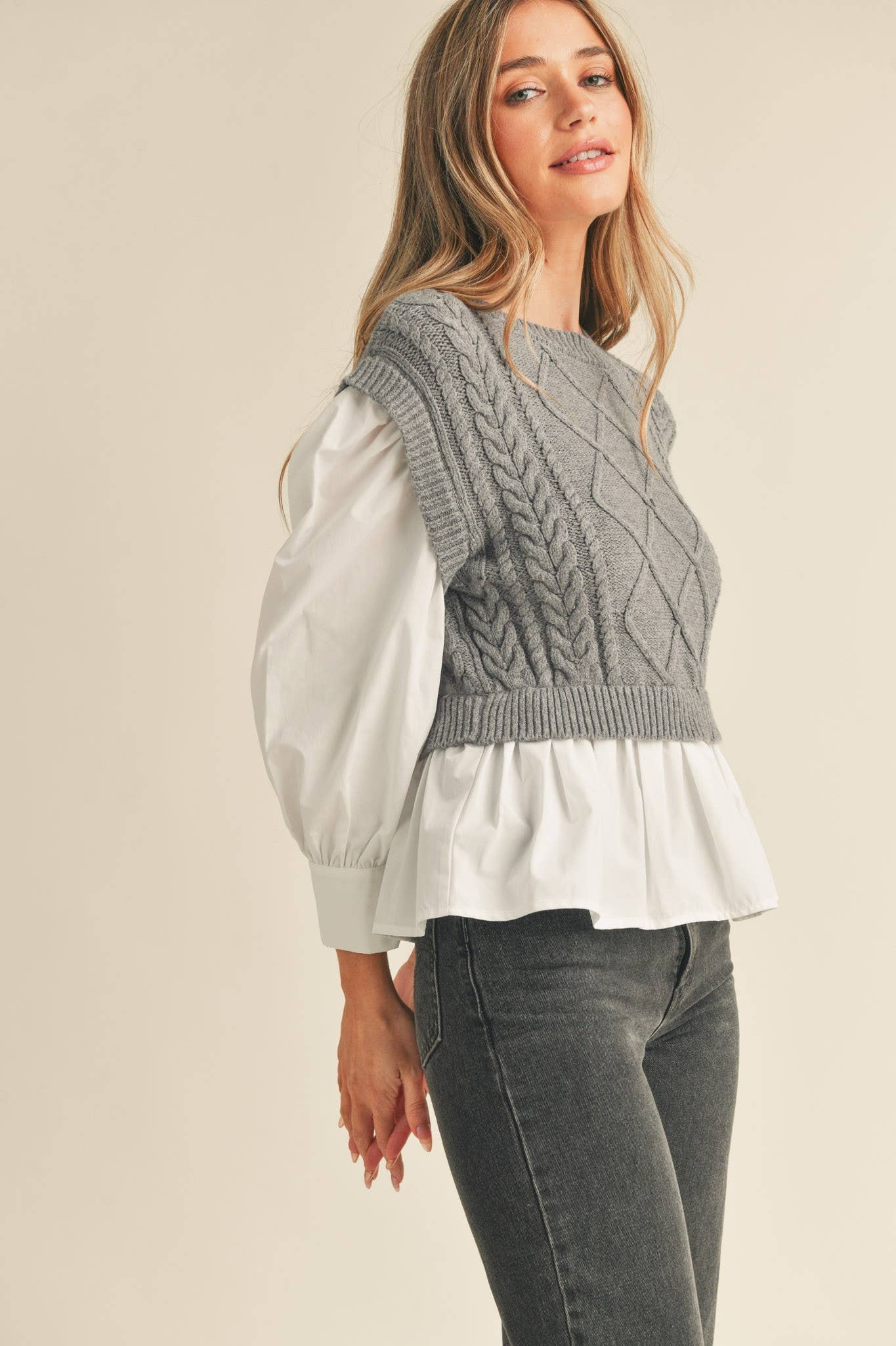 Mixed Media Cable Knit Sweater Top