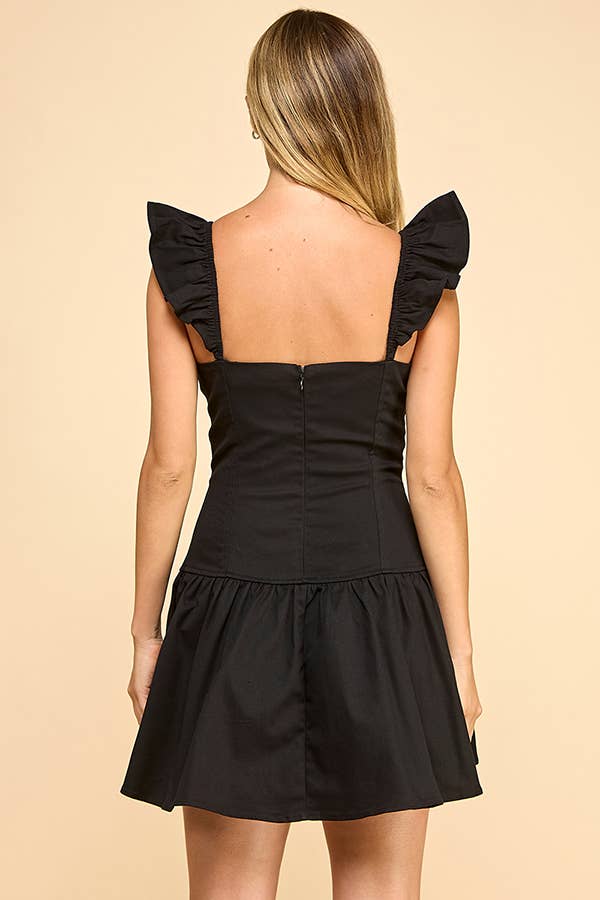 Drop waisted mini dress with ruffle shoulder