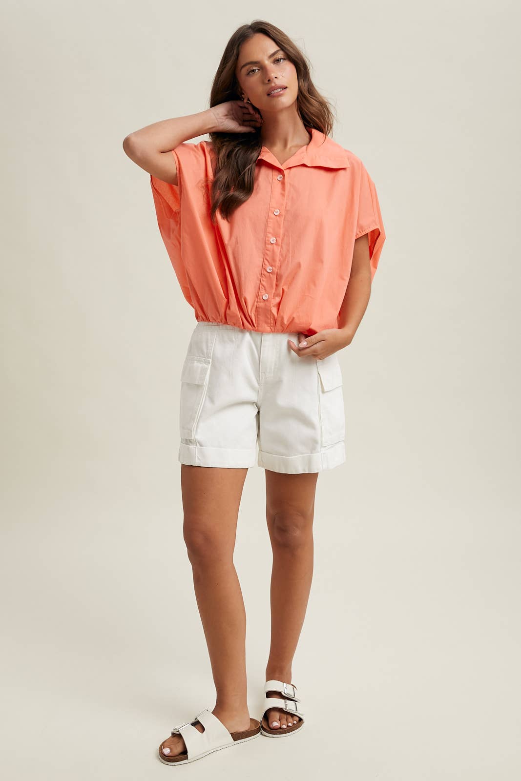 Bubble Hem Button Up Top in Melon