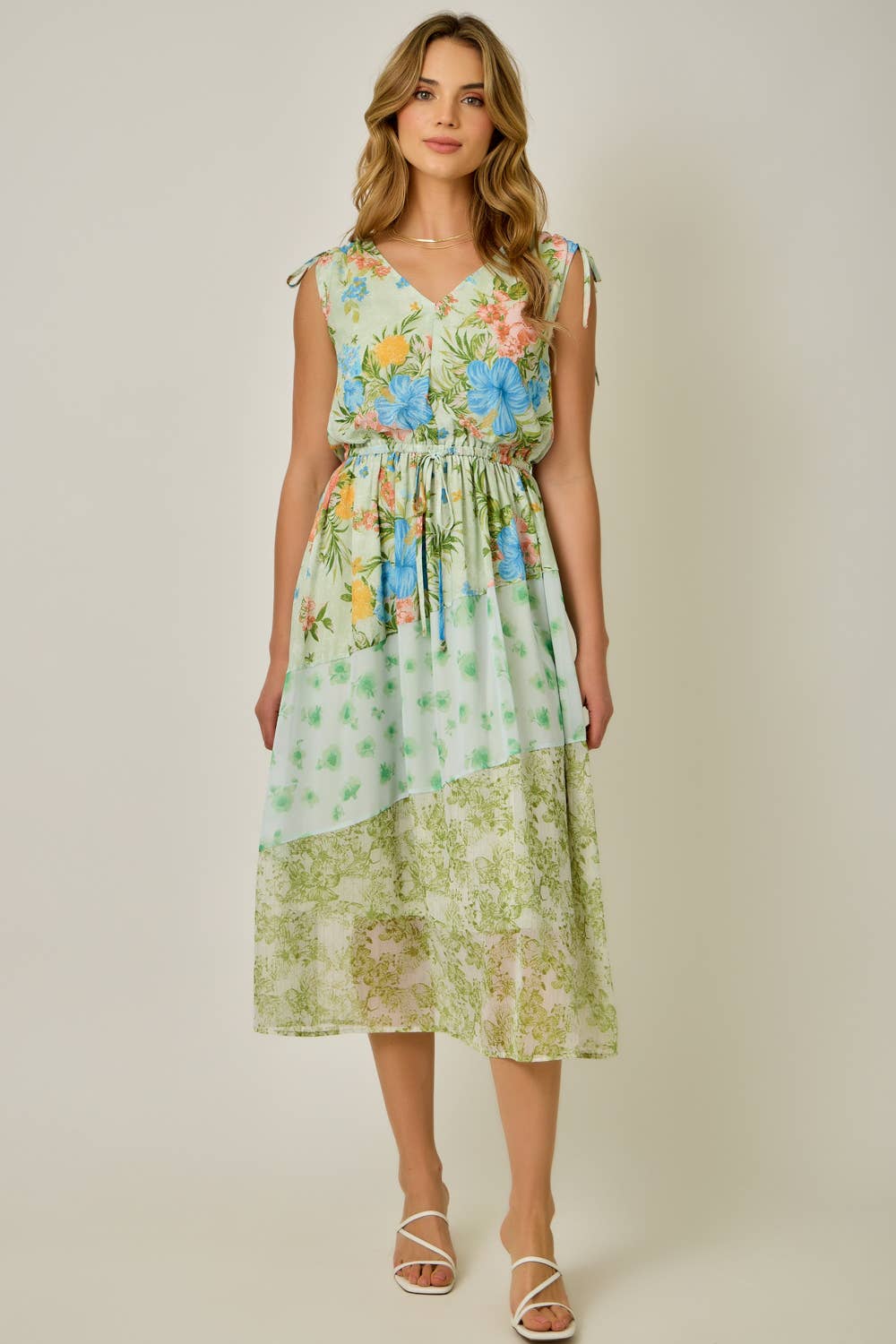 Shoulder Tie Mixed Print Dress in Green