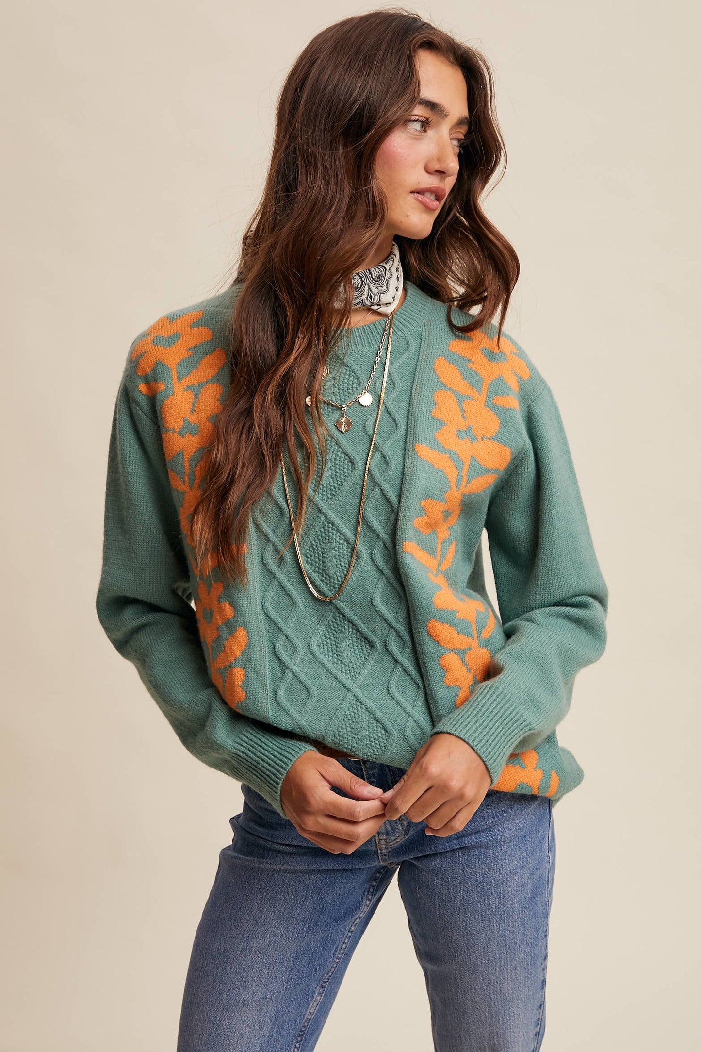 Floral Panel Cable Knit Sweater