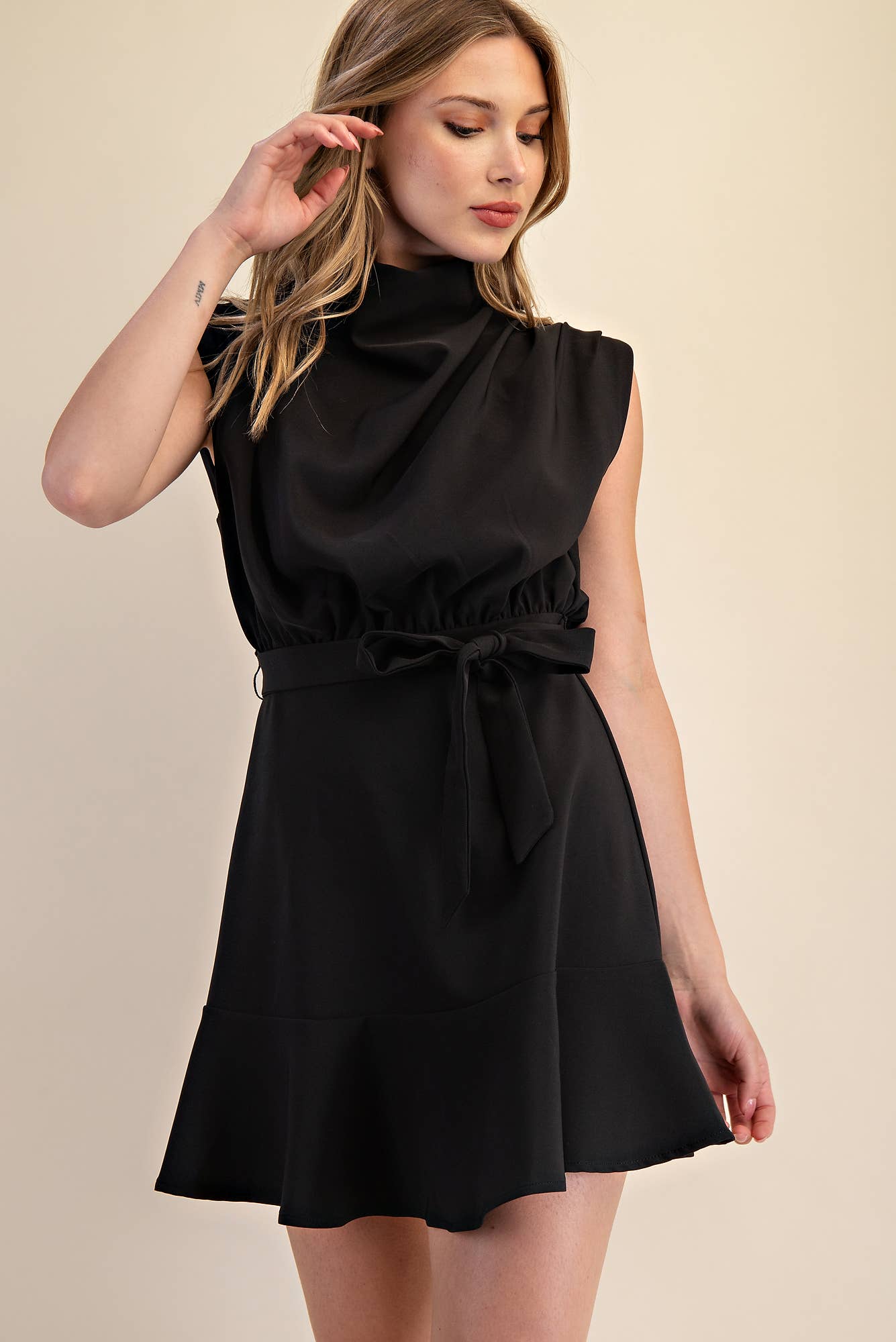 Cowl Neck Sleeveless Mini Dress in Black