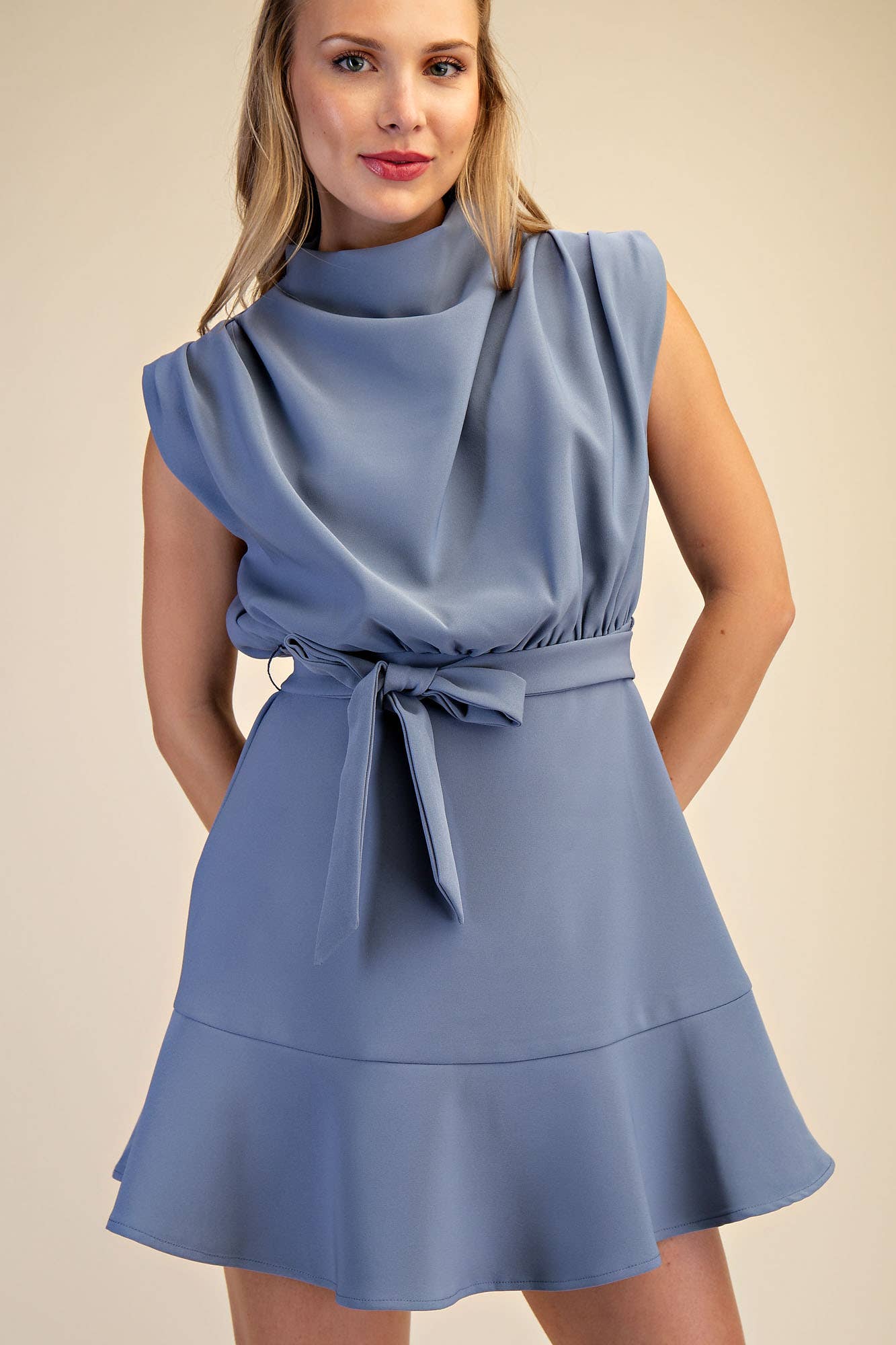 Cowl Neck Sleeveless Mini Dress in Mystical Blue