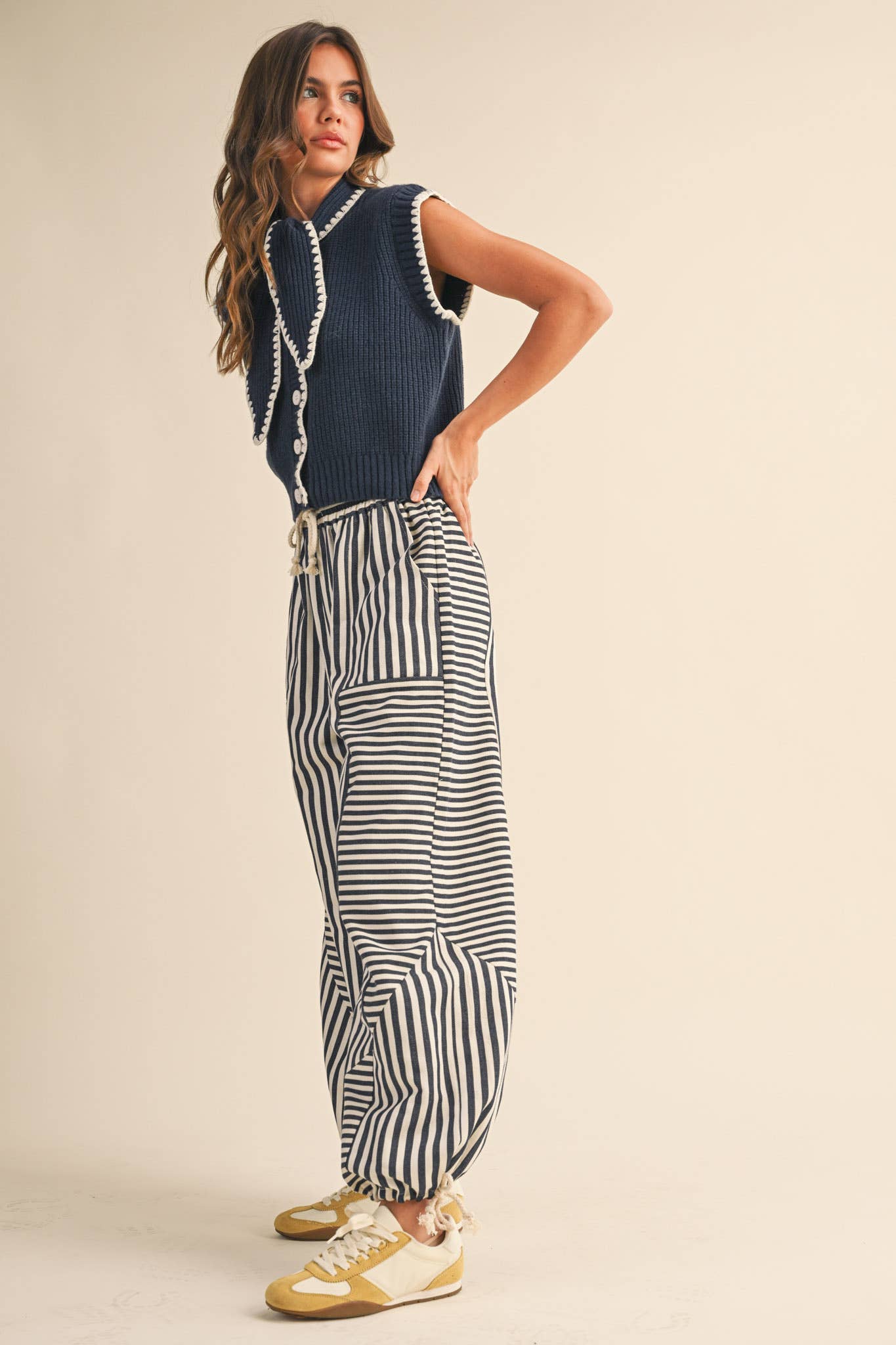 Tie Neck Sweater Vest in Navy and White