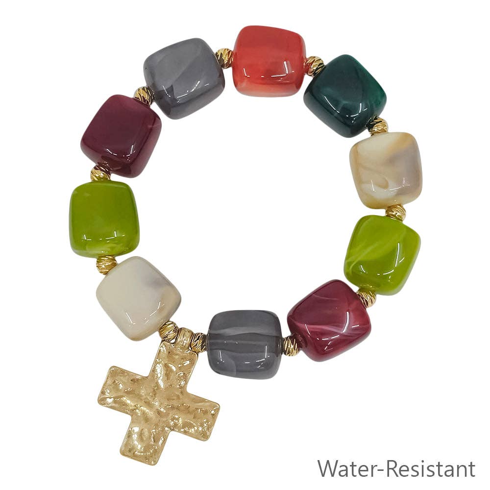 Chunky Multi Beaded Bracelet with Cross Pendant