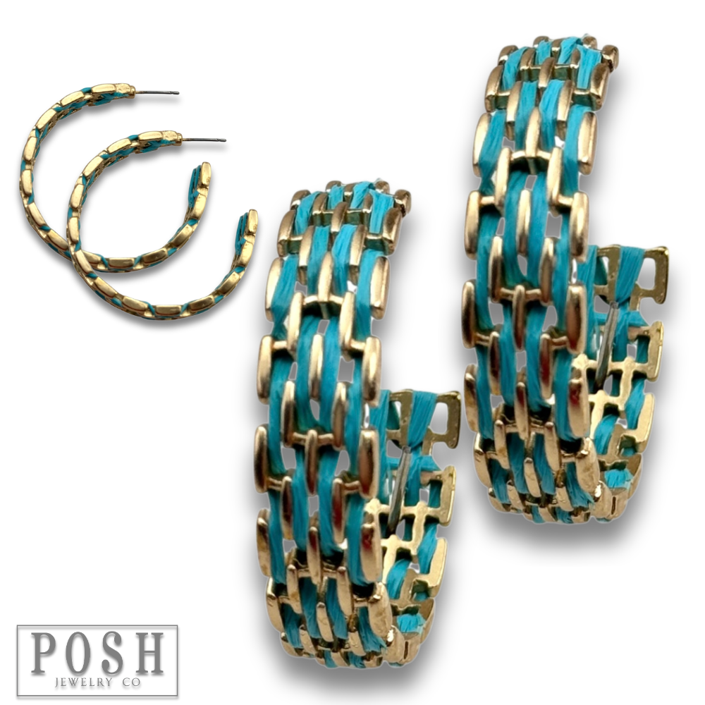 Gold and raffia hoop earring: Turquoise