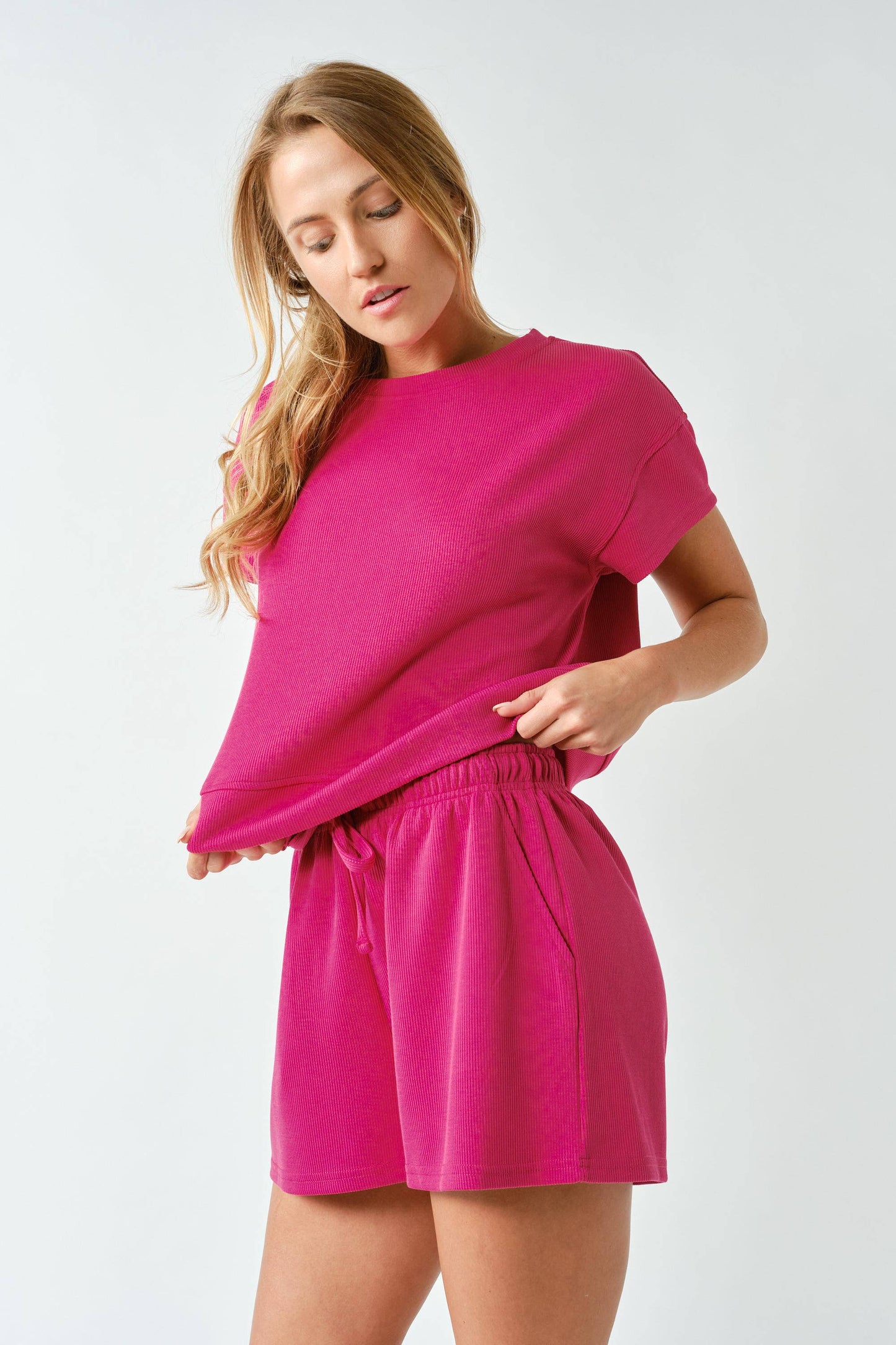 Luxe Sand Wash Rib Classic Tee Set in Berry