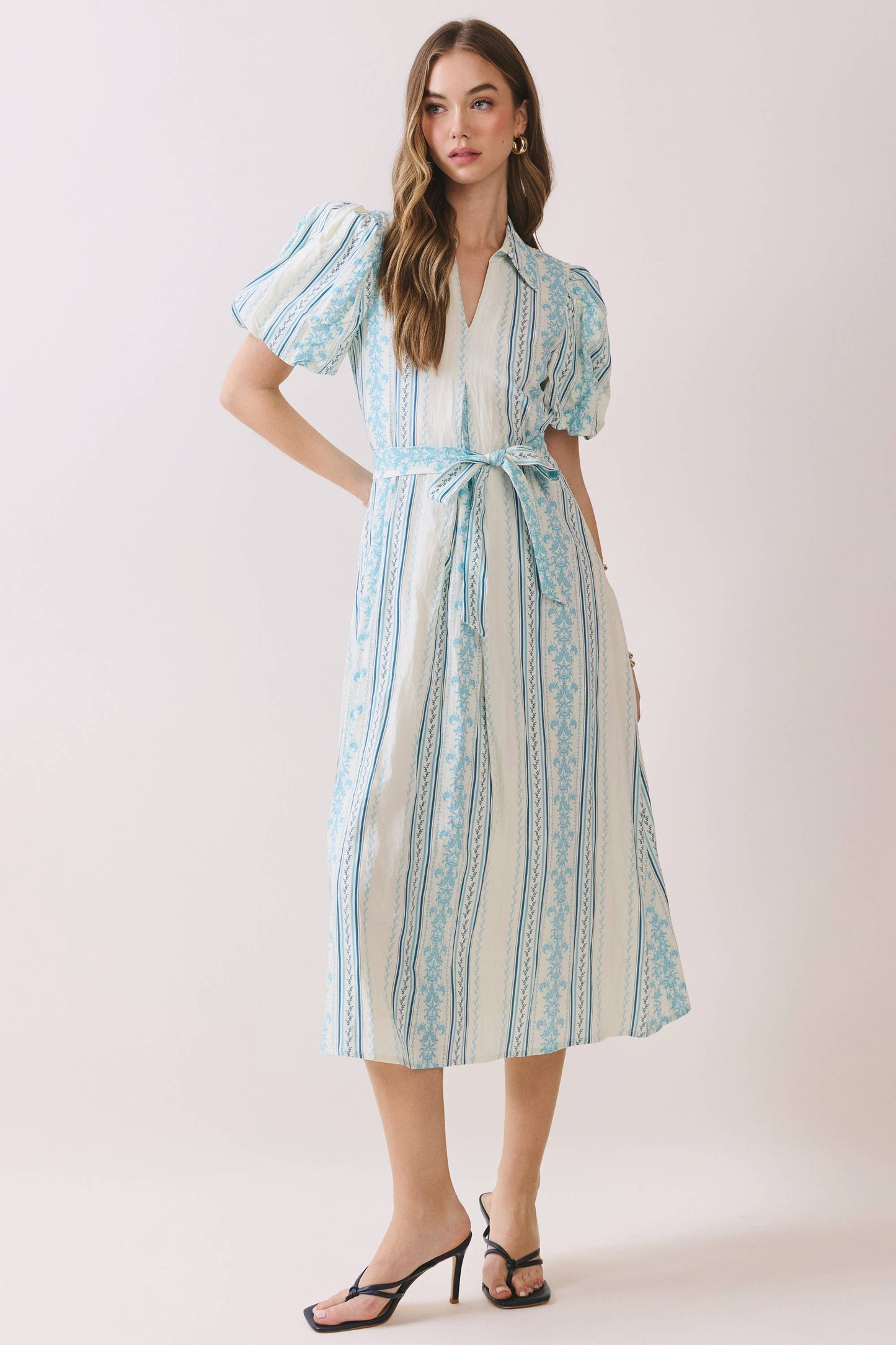 Striped Puff Sleeve Tie Waist Midi Dress in Blue and White