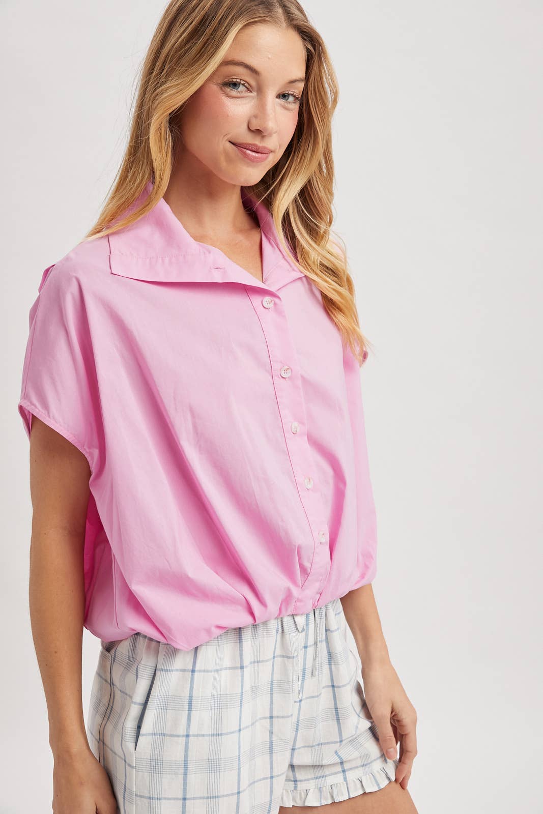 Bubble Hem Button Up Top in Pink