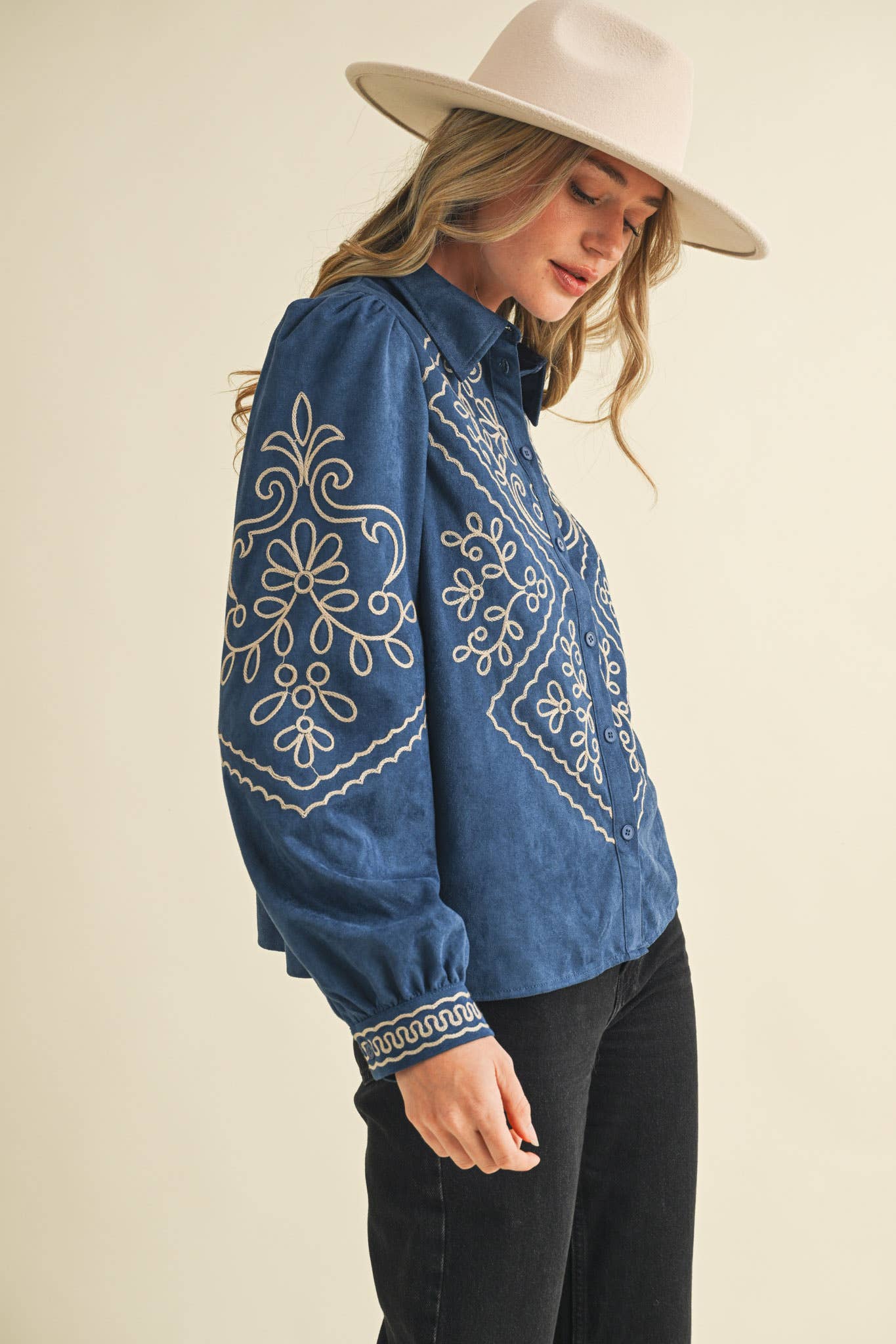 Suede Embroidered Button Up Top in Blue