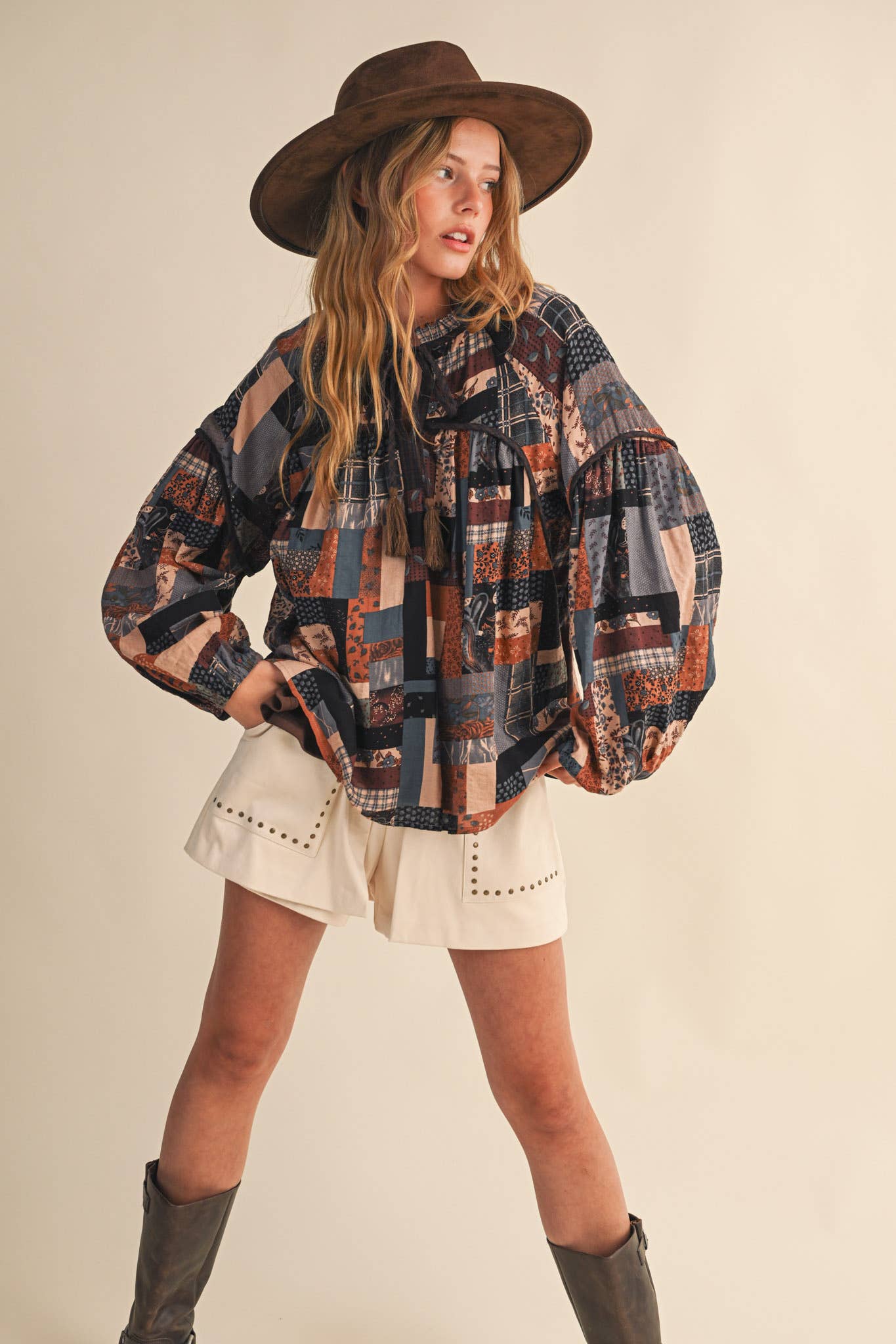 Patchwork Print Babydoll Top