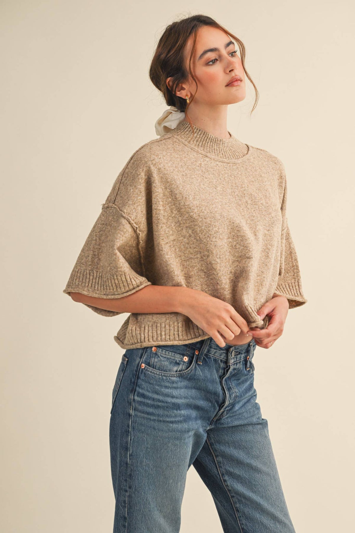 Macy Mock Neck Short Sleeve Sweater in Beige