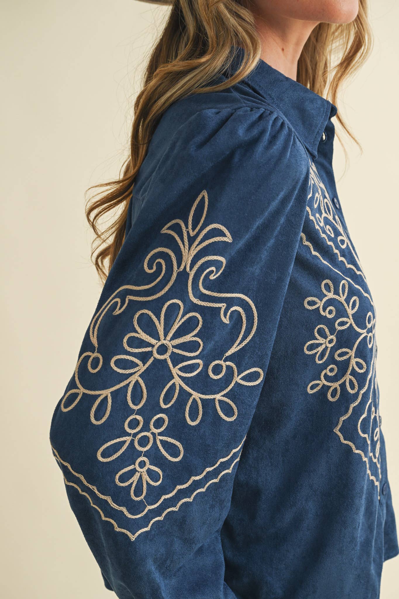 Suede Embroidered Button Up Top in Blue