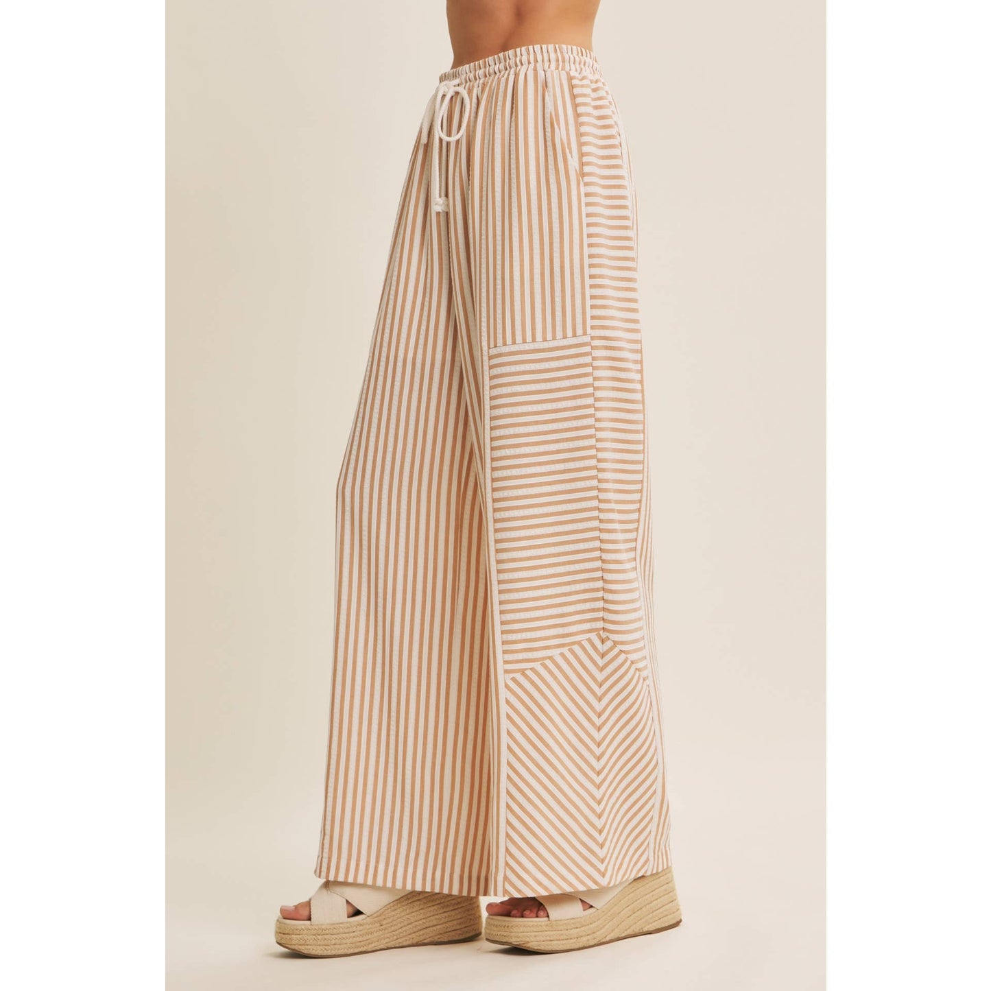 Striped Textured Wide Leg Pants in Tan