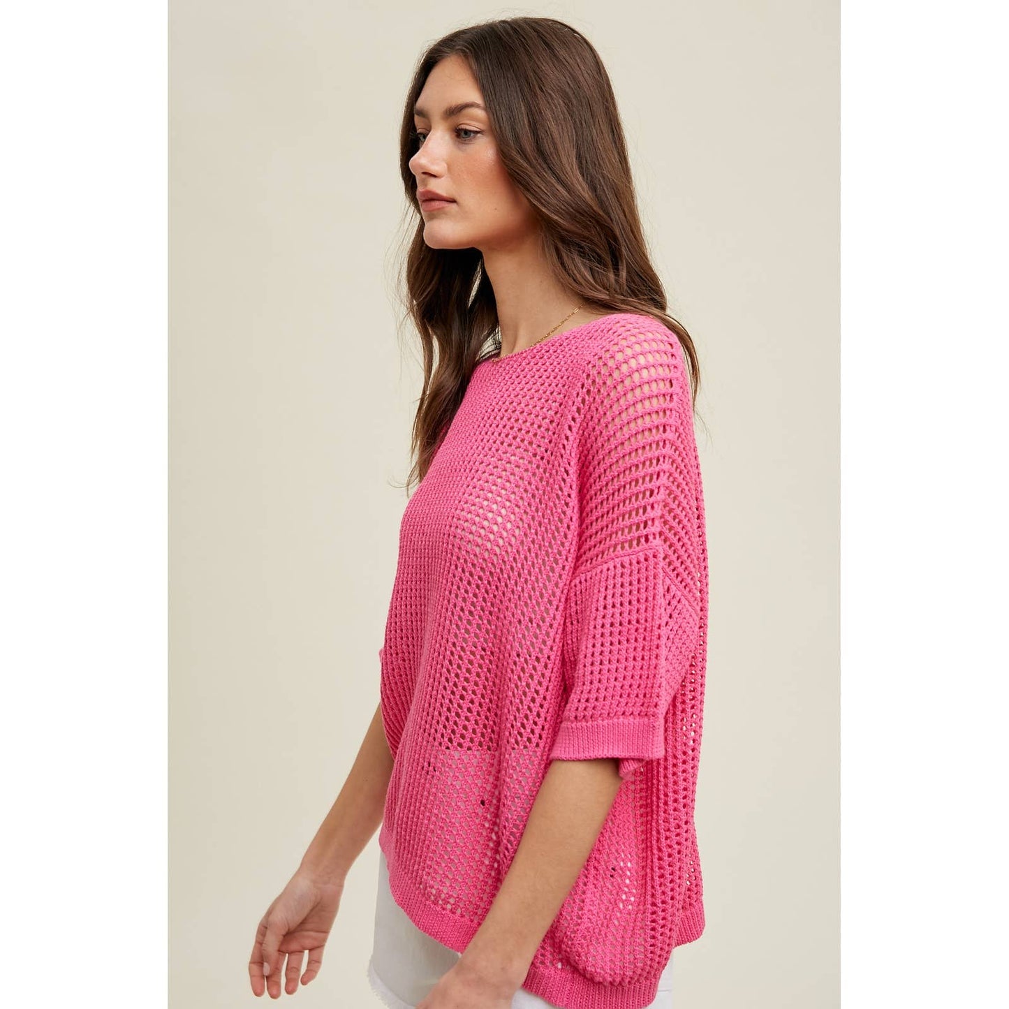 Open-Knit Drop Shoulder Sweater In Hot Pink