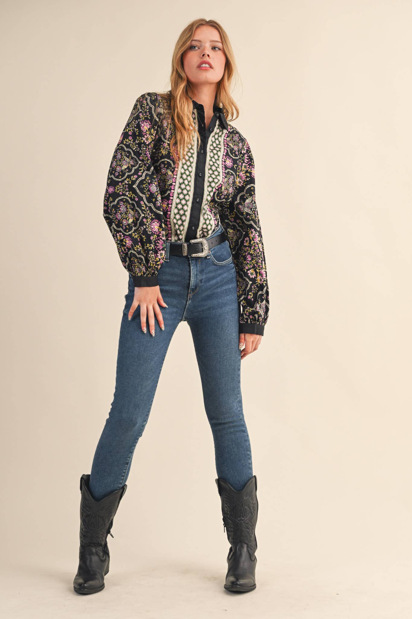 Floral Border Button Up Printed Top in Black Multi