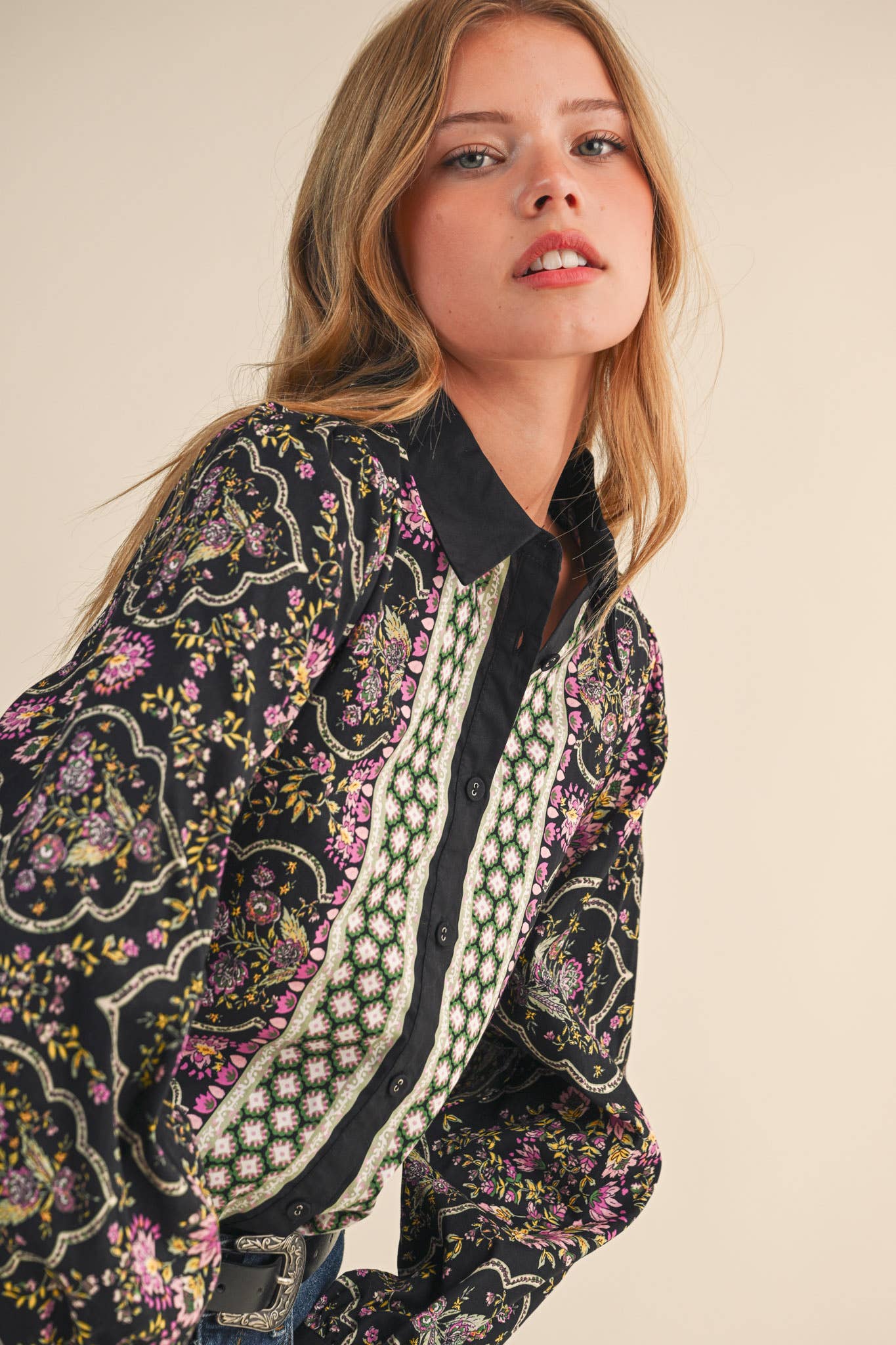 Floral Border Button Up Printed Top in Black Multi