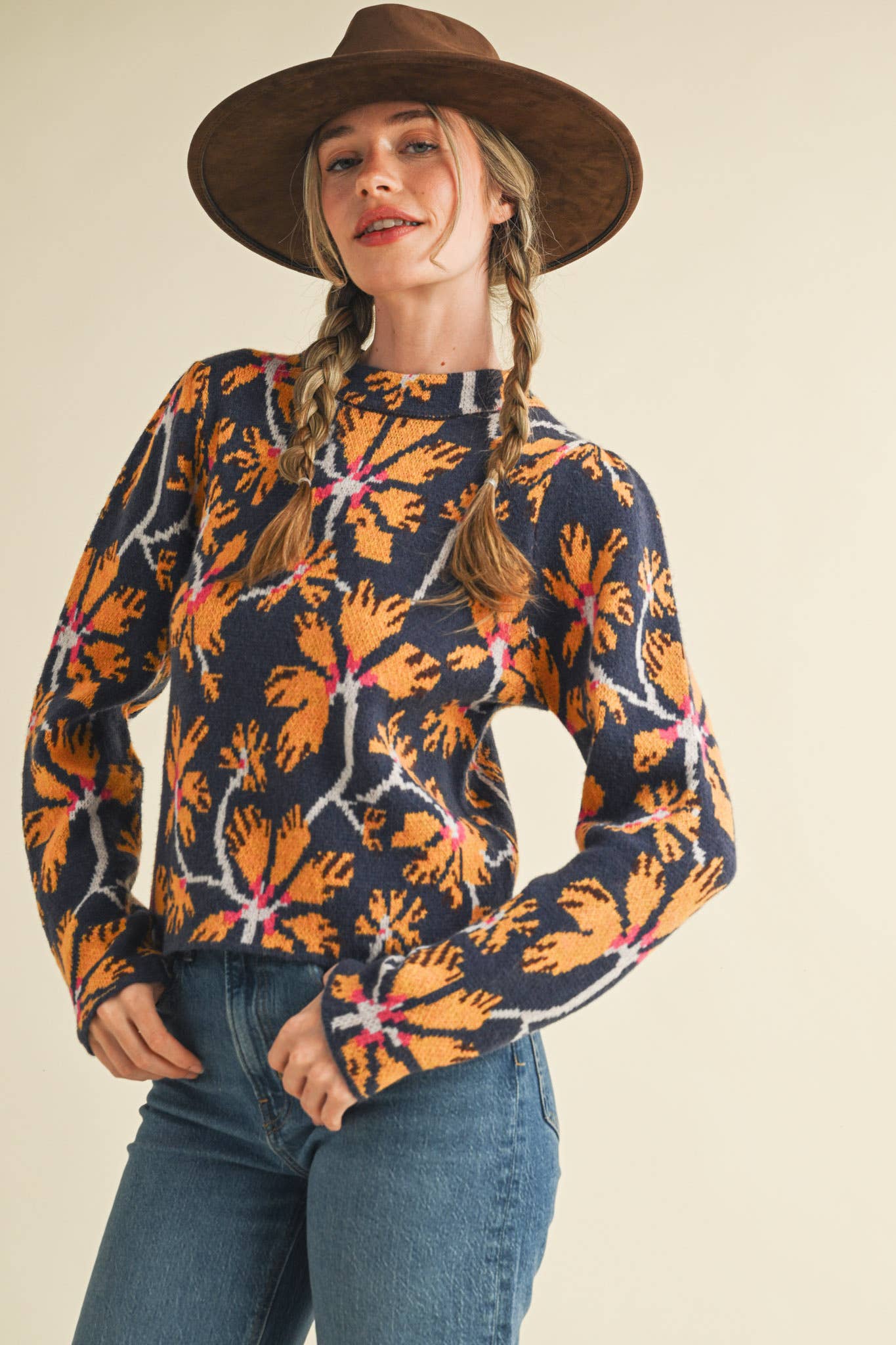 Floral Mock Neck Sweater in Navy