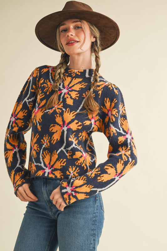 Floral Mock Neck Sweater in Navy