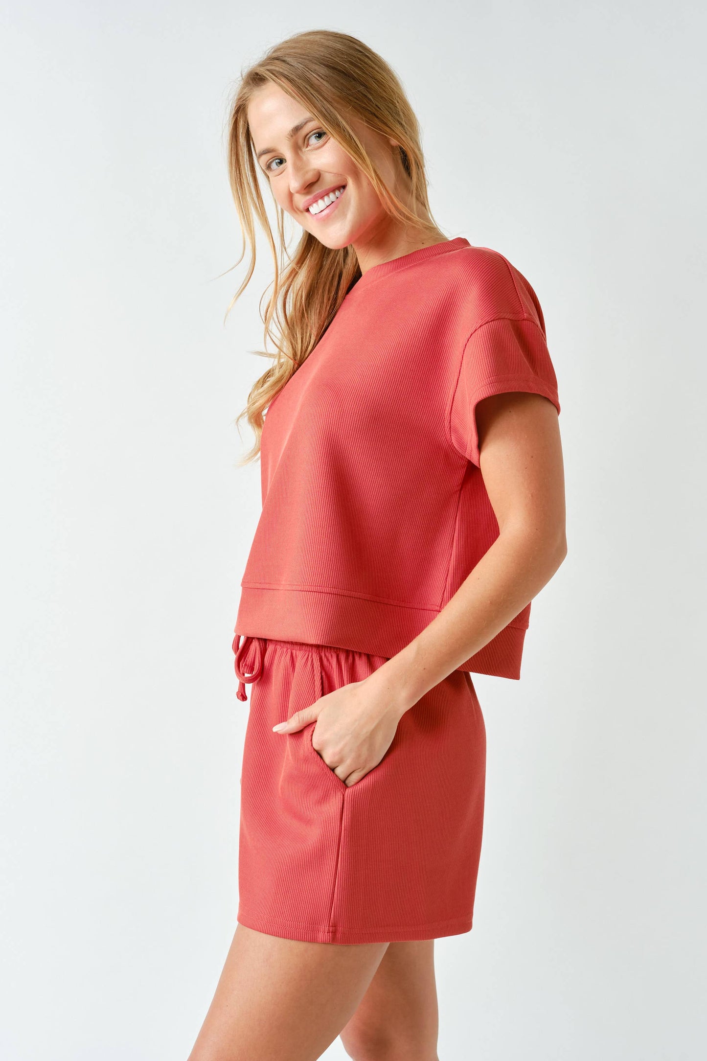 Luxe Sand Wash Rib Classic Tee Set in Brick