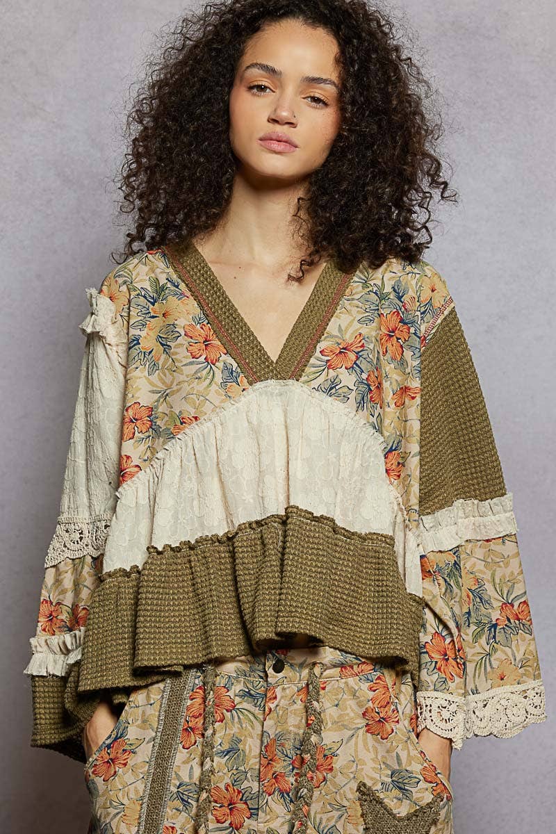 Patchwork Floral Print Ruffle Stitch Woven Top in Olive