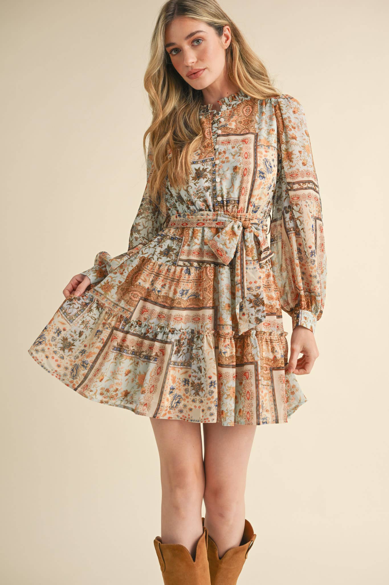 Dusty Blue Patch Print Dress