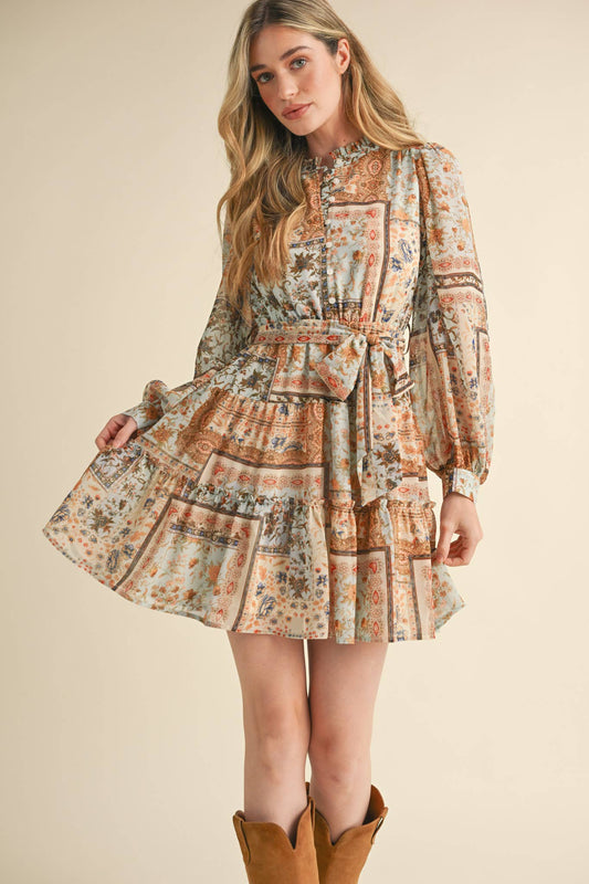 Dusty Blue Patch Print Dress