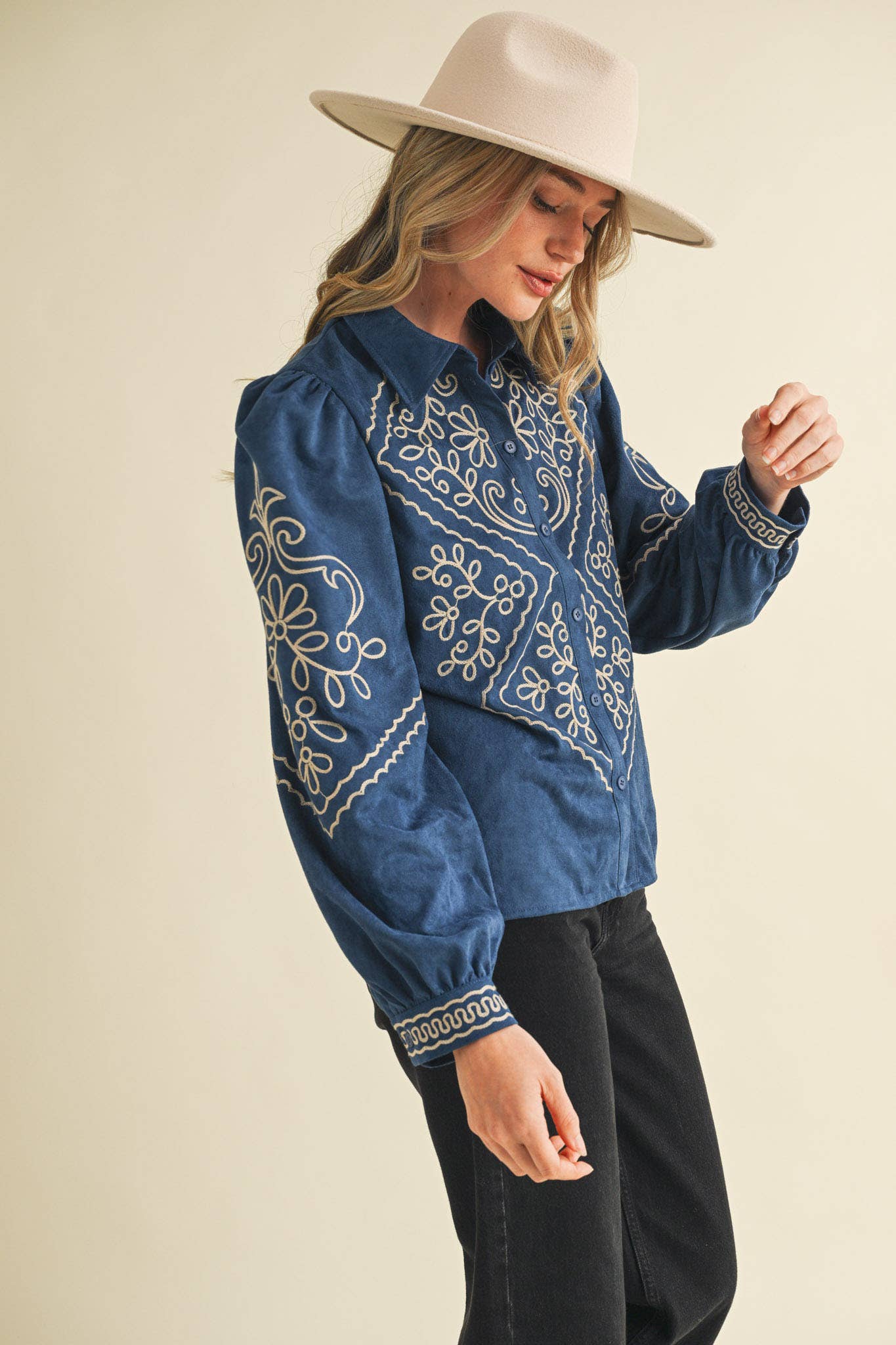 Suede Embroidered Button Up Top in Blue