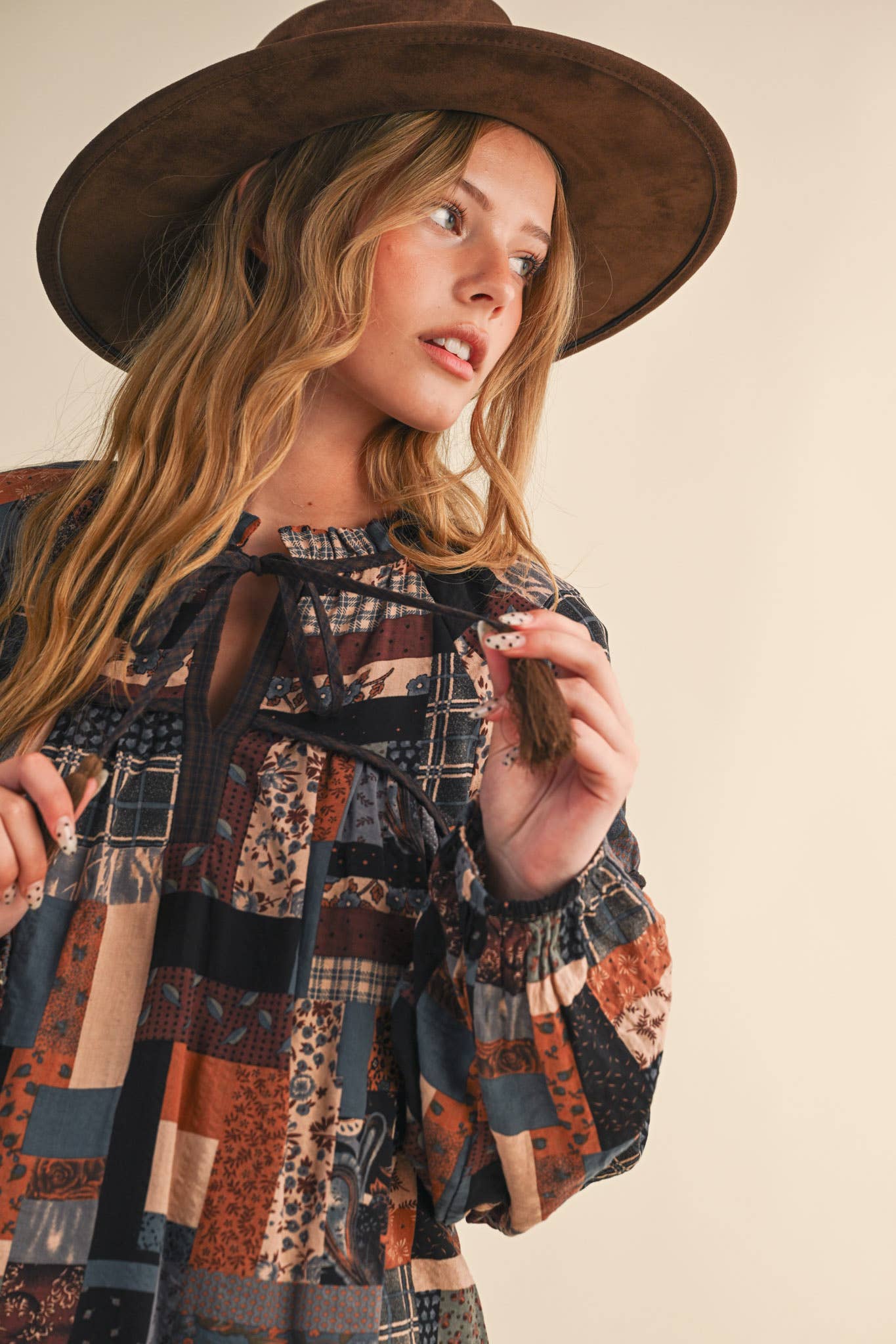 Patchwork Print Babydoll Top