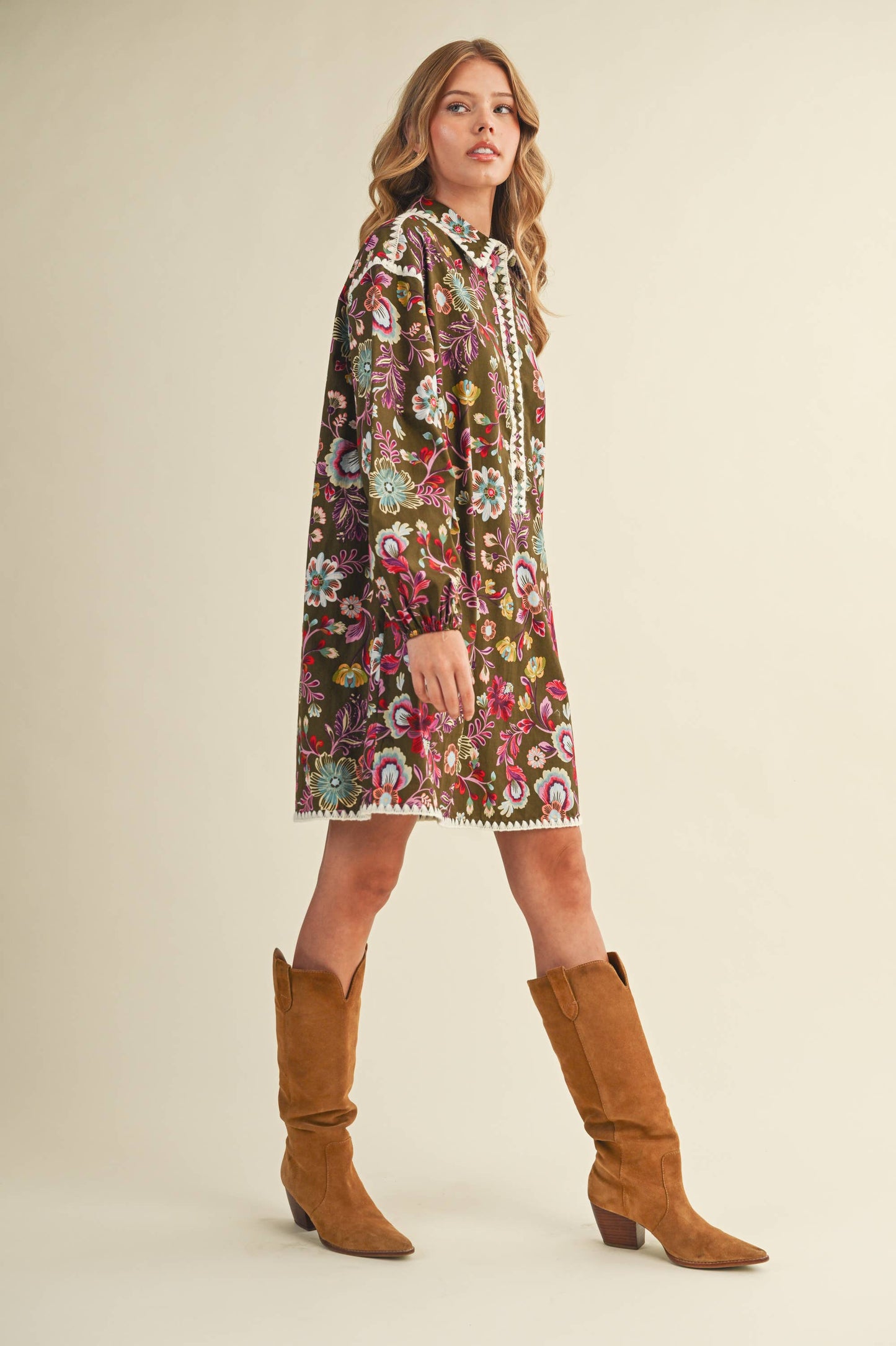 Blanket Stitch Floral Print Dress in Olive Multi