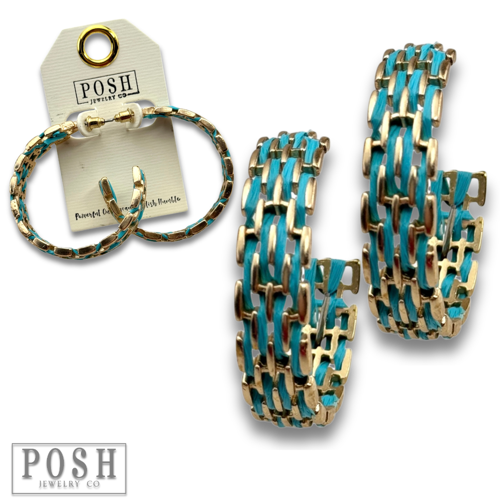 Gold and raffia hoop earring: Turquoise