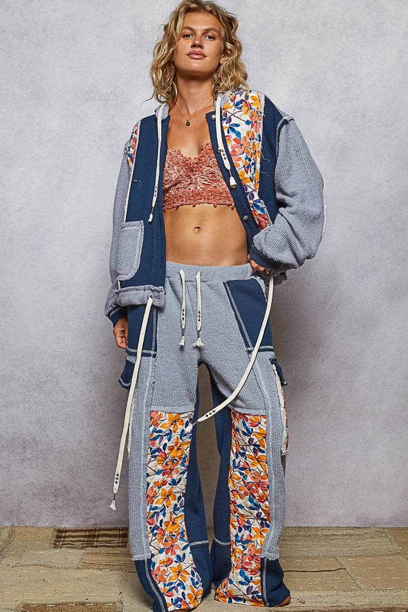 Thermal quilted detail floral knit pants