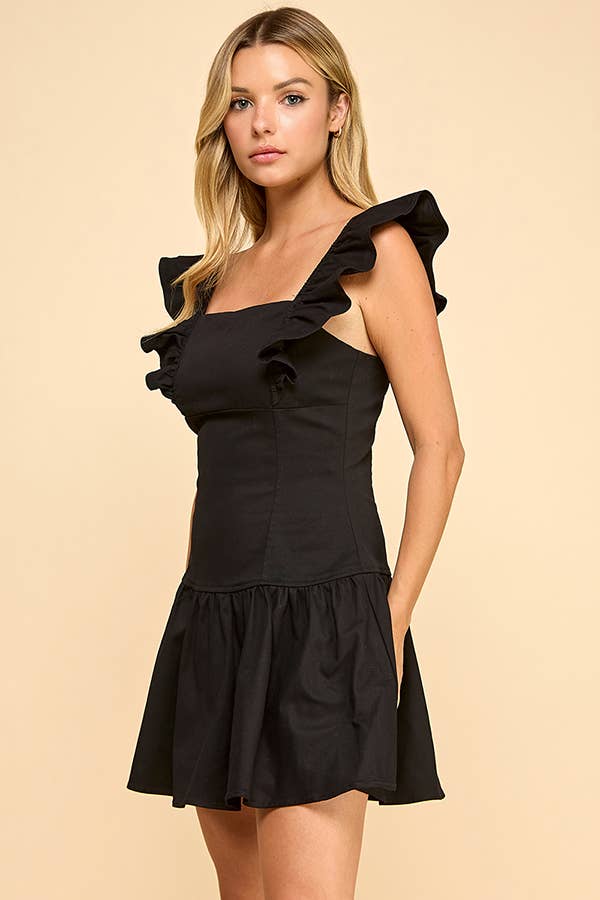 Drop waisted mini dress with ruffle shoulder