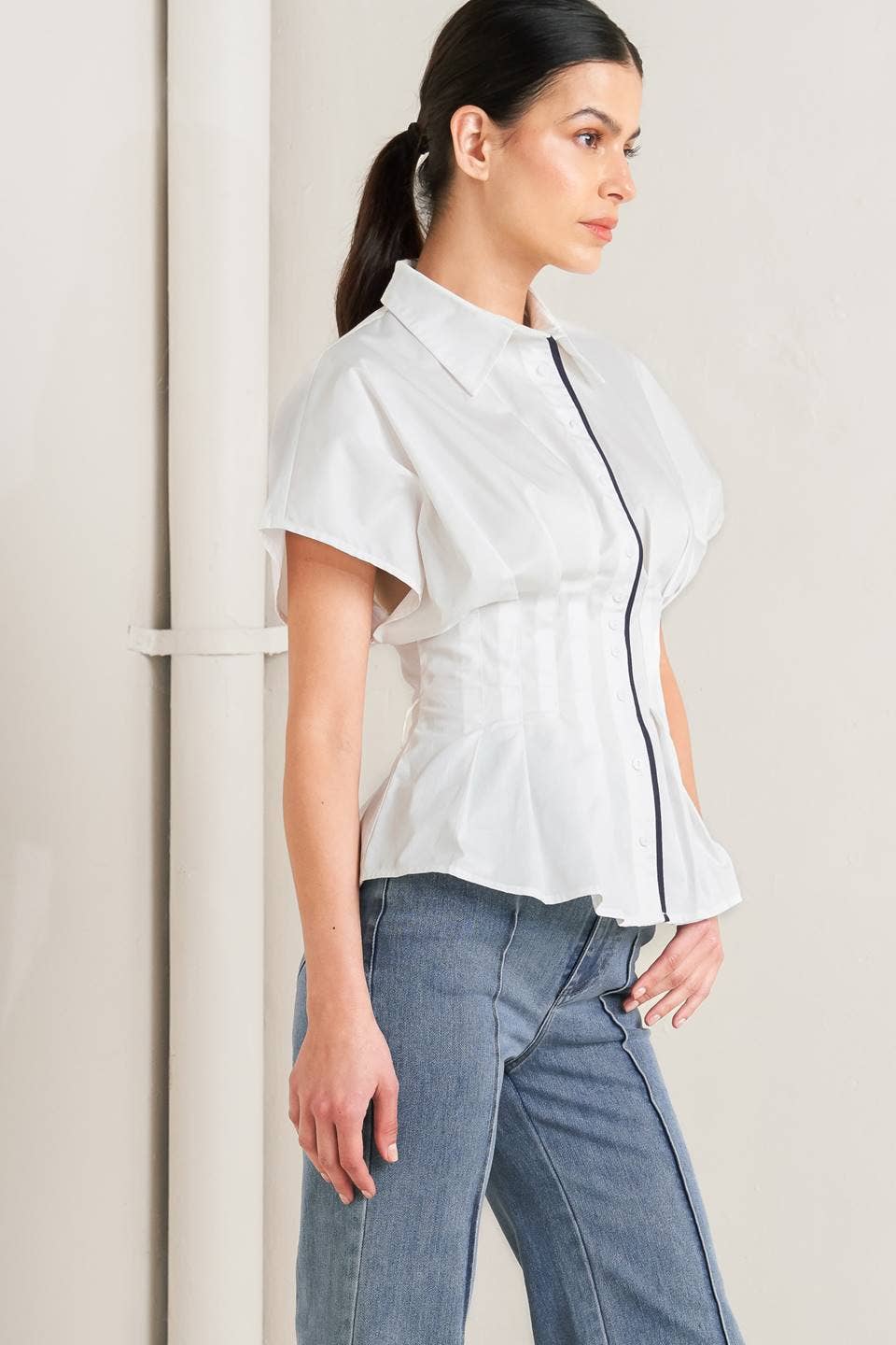 Pleated Waist Peplum Top in White