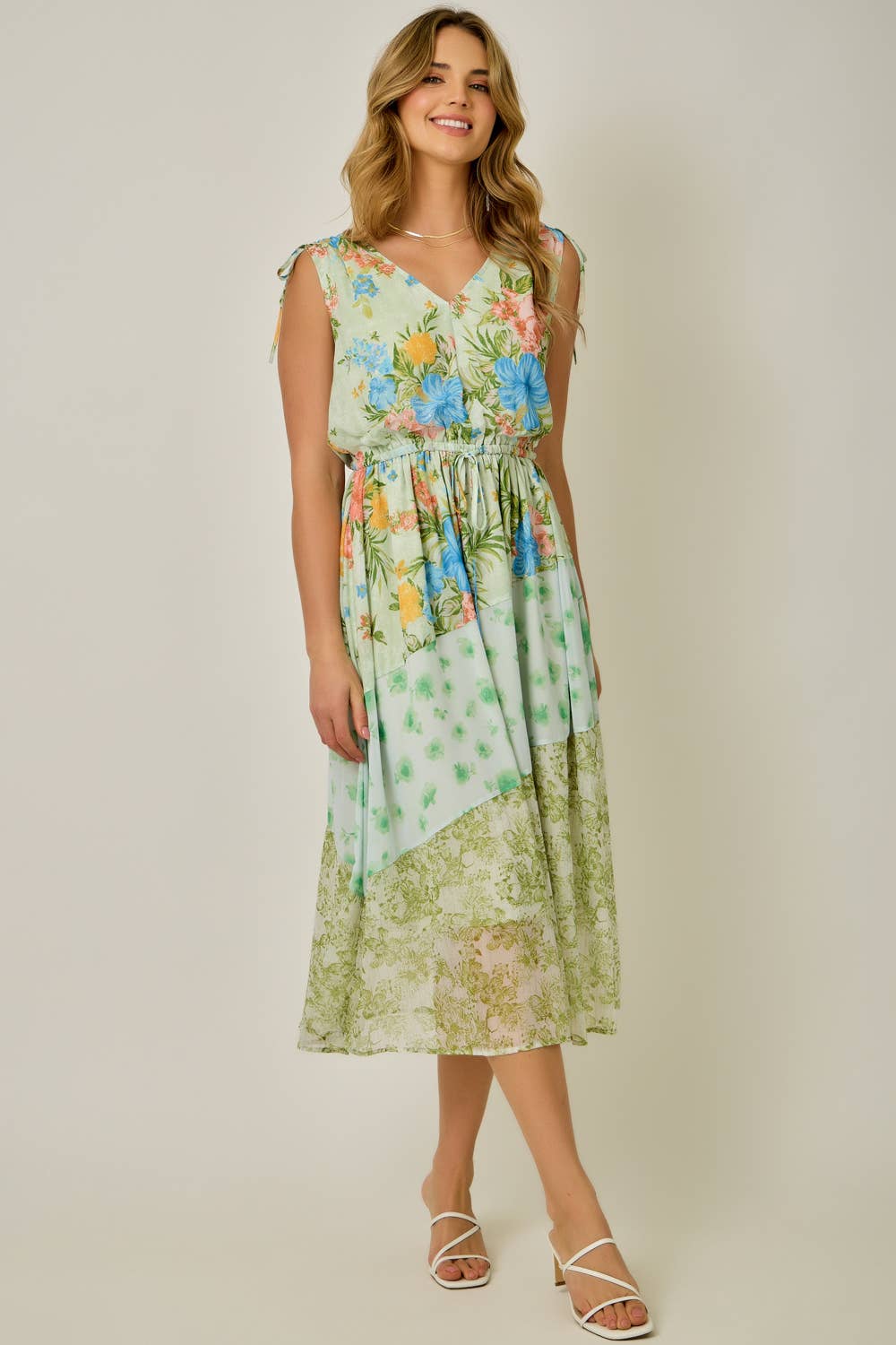 Shoulder Tie Mixed Print Dress in Green