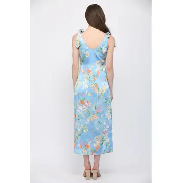Sky Blue Floral Print Satin Cowl Neck Dress