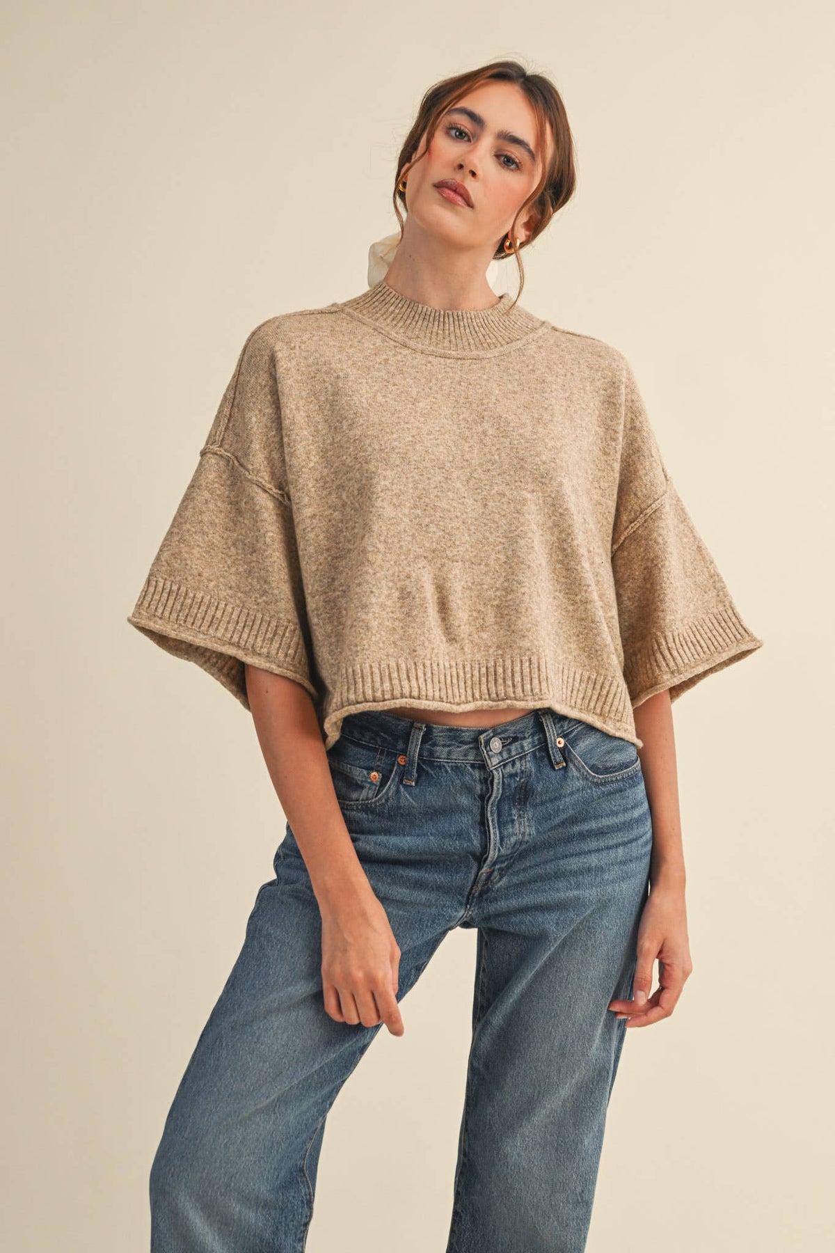 Macy Mock Neck Short Sleeve Sweater in Beige