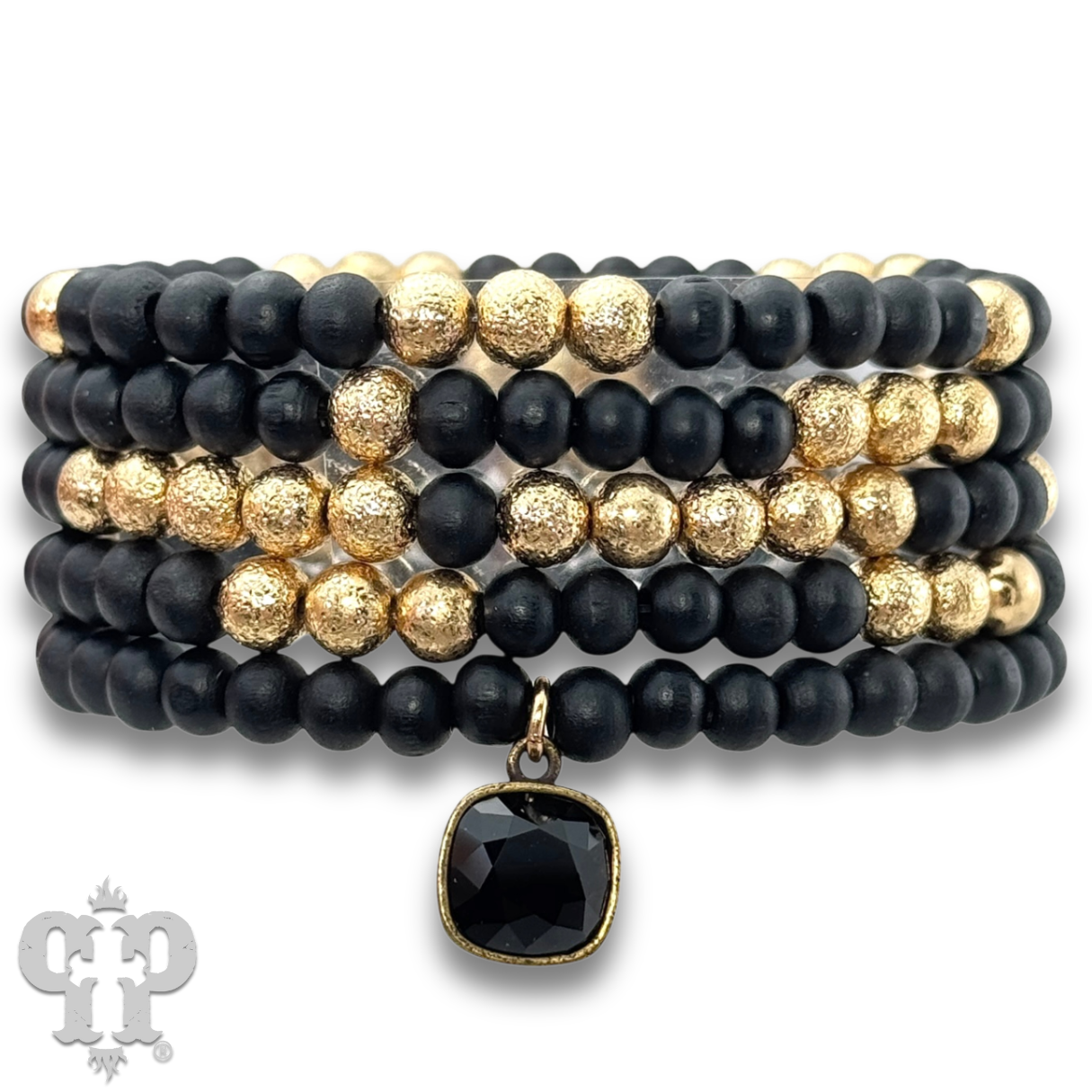 Round wood bead bracelet set, Austrian crystal: Black