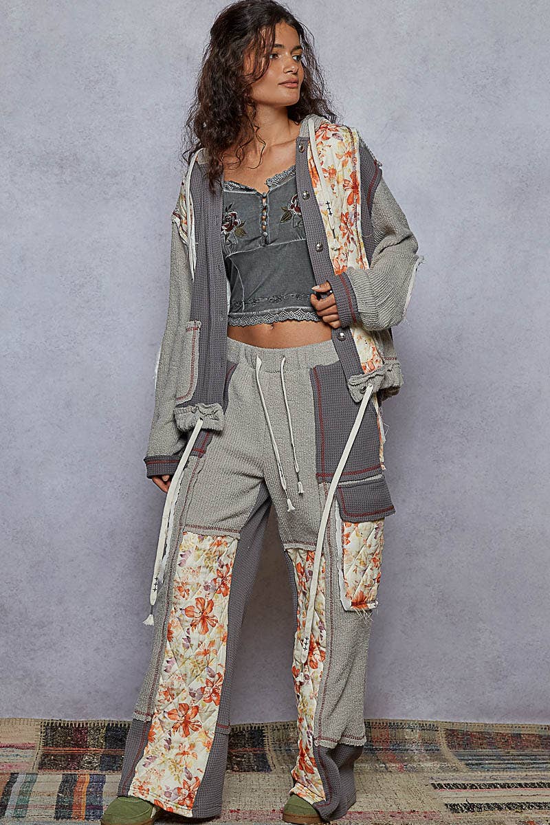 Balloon Sleeve Quilted Detail Floral Knit Hoodie Jacket