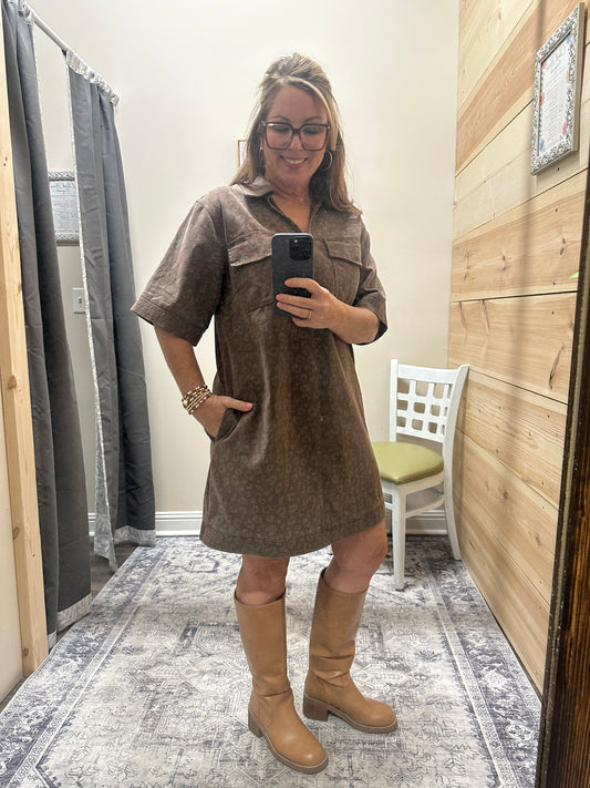 Leopard Print Denim Dress in Brown