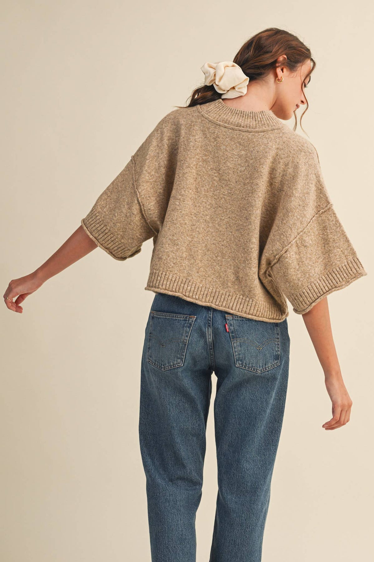 Macy Mock Neck Short Sleeve Sweater in Beige