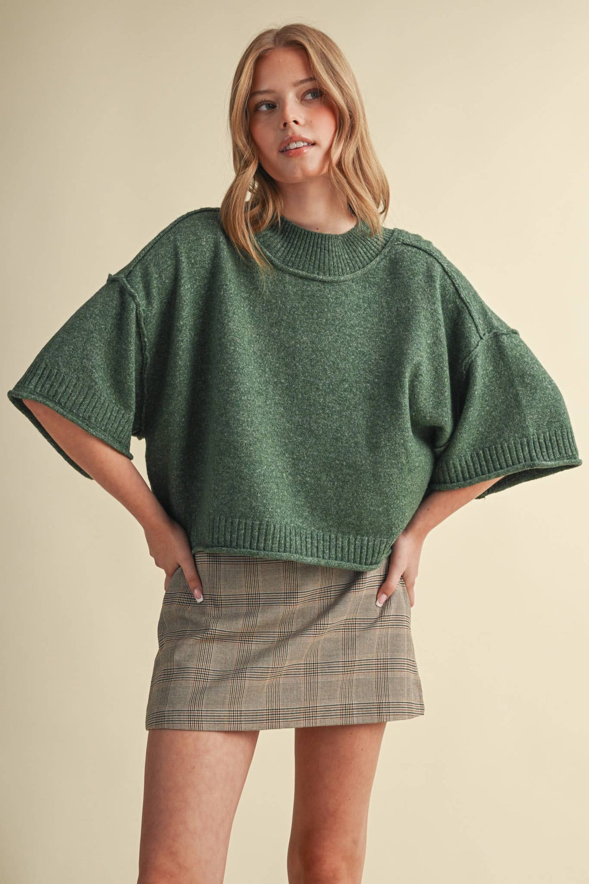 Macy Mock Neck Short Sleeve Sweater in Hunter Green