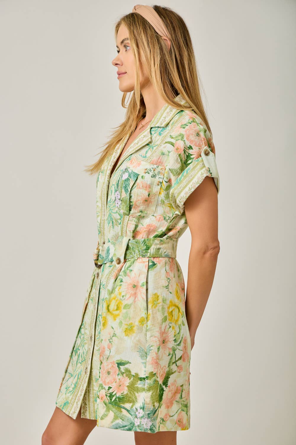 Tropical Floral Print Shirt Dress in Light Green